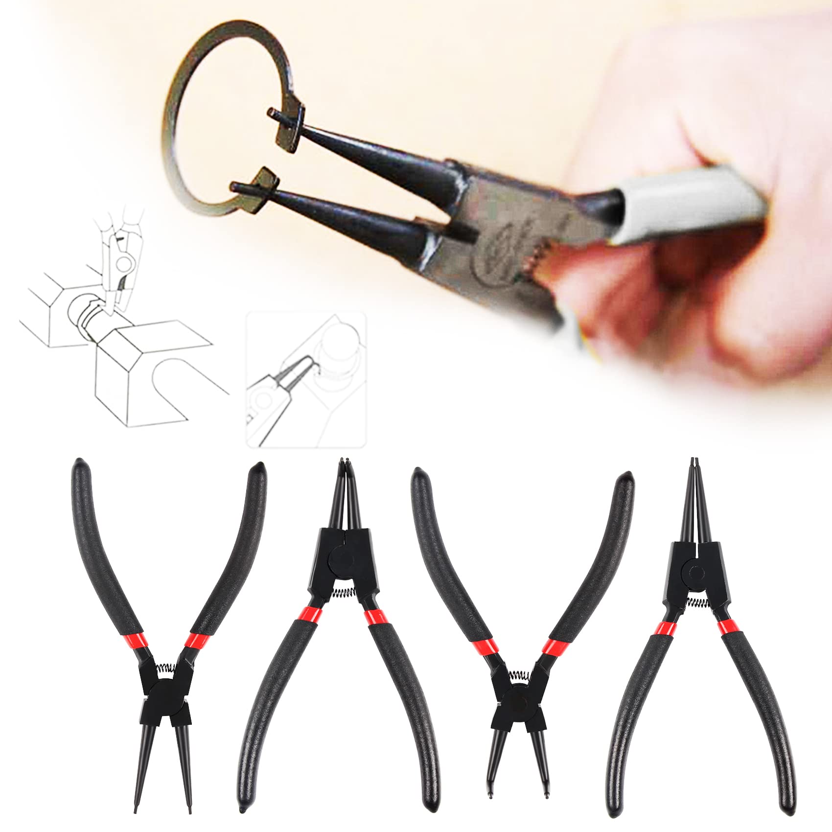 Set 4 Pinze Per Anelli Di Sicurezza 175mm - Punte Dritte E Curve Per Interno/Esterno - Foto 2