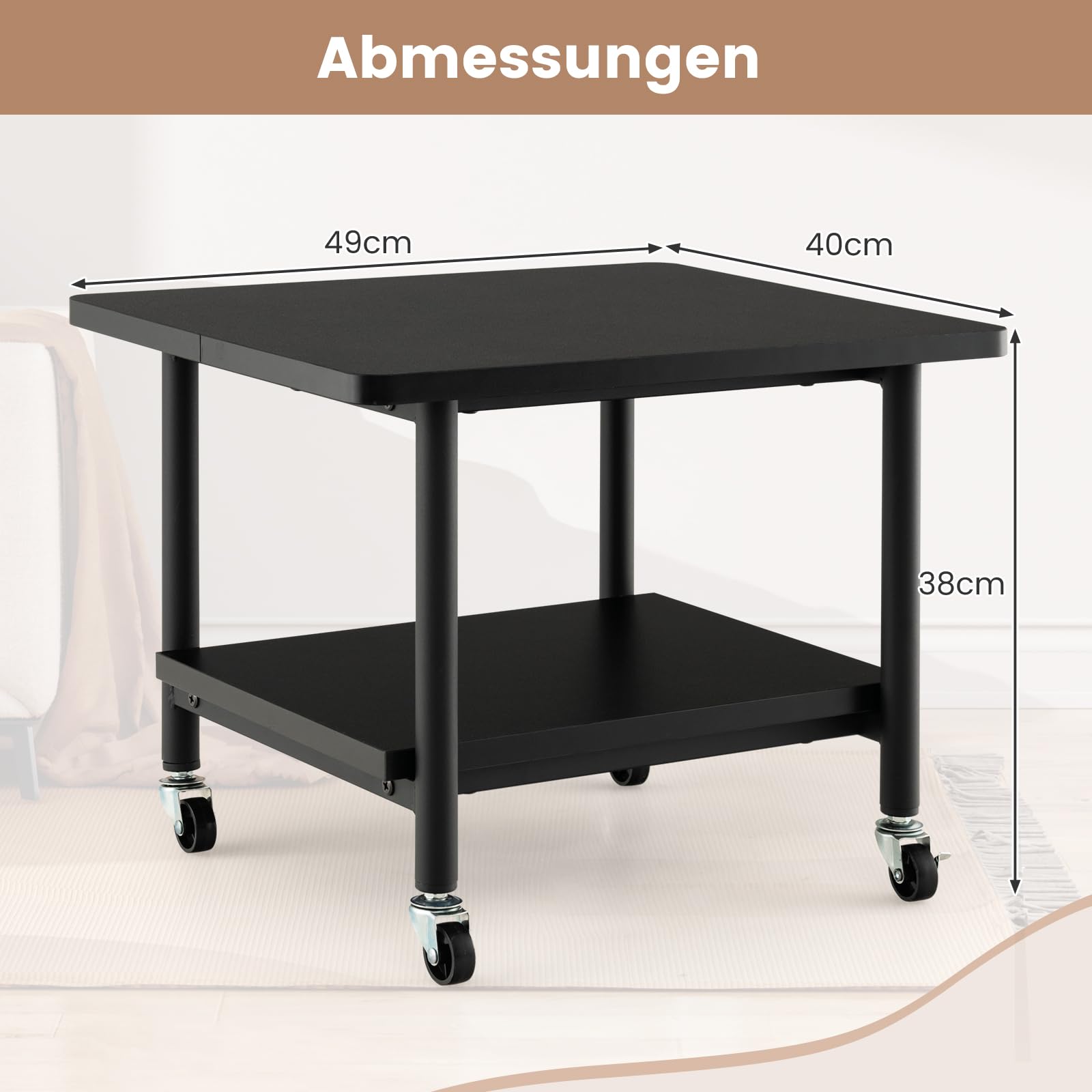 COSTWAY Druckertisch mit Rollen, Druckerständer mit feststellbaren Rädern, Druckerwagen mit 2 Ebenen, Druckerablage Druckerregal Druckerhalter für Büro, Fax, 49 x 40 x 38 cm (Schwarz)