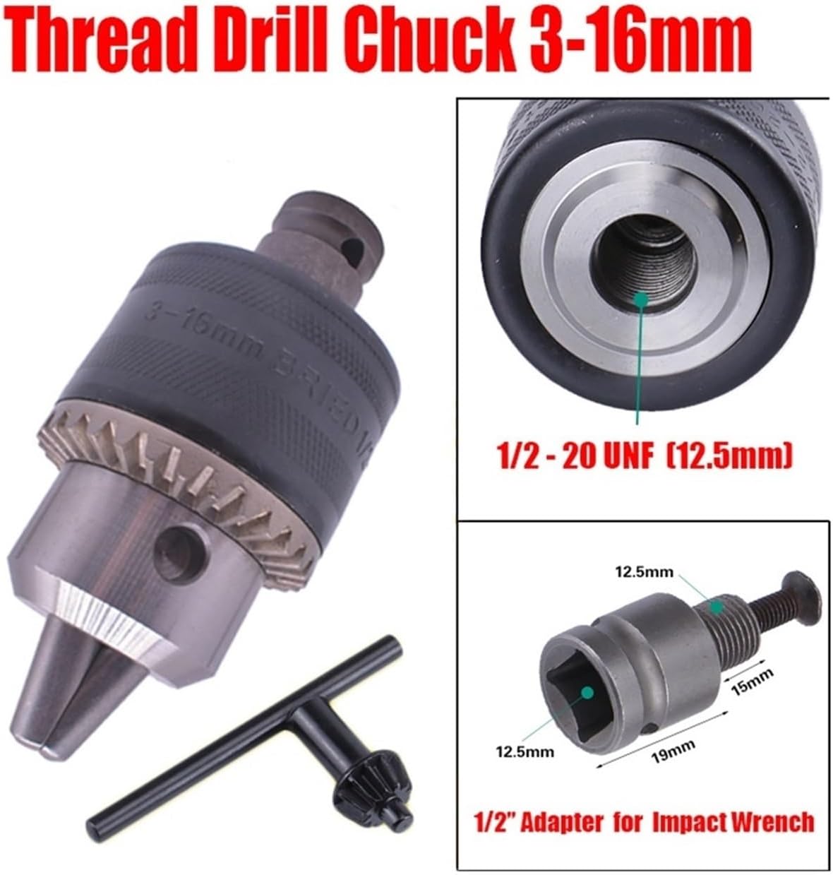 1pcs Drill Chuck Drill Chuck Adapter Convert Impact Wrench Into Electric Drill - 1/2 Inch -20UNF 3/8 Inch -24UNF Thread 3 Jaw Chuck(20UNF 3-16mm)
