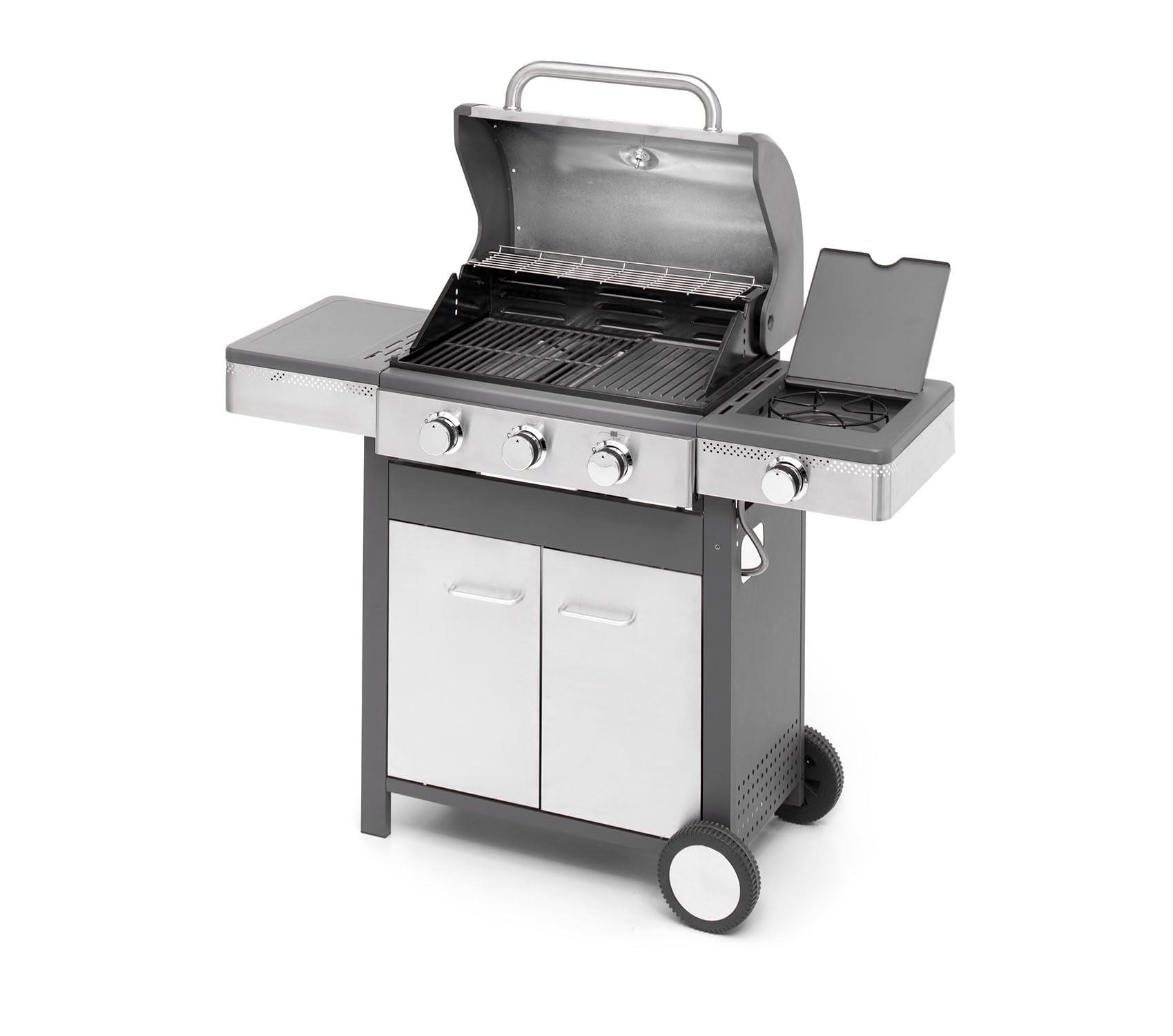 Barbecue à gaz professionnel de jardin en acier inoxydable avec cuisinière latérale, thermomètre, grille en fonte émaillée, chariot avec armoire (3 brûleurs (P 58 x L 126 cm x H115,5 cm))