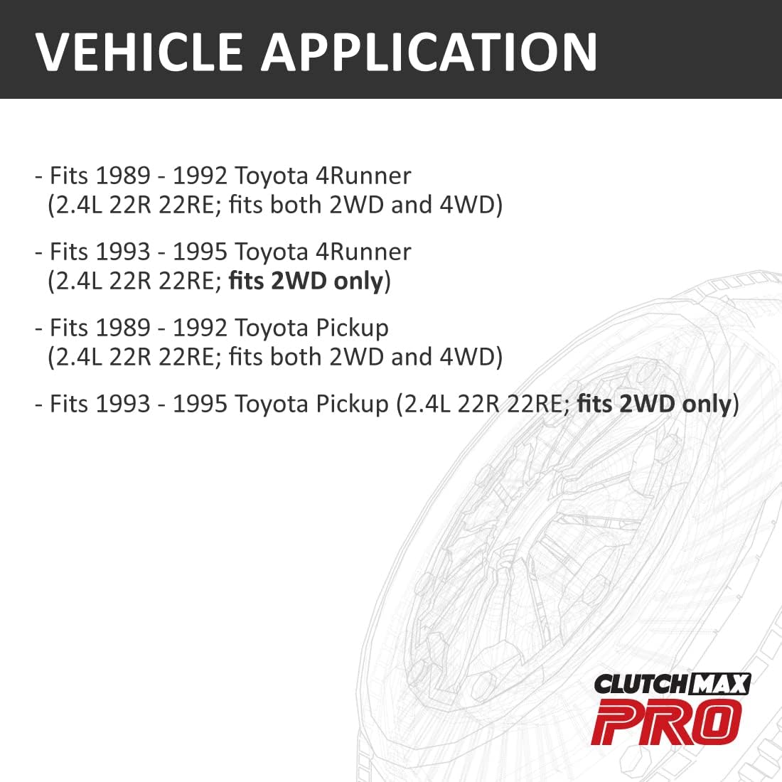 ClutchMaxPRO Heavy Duty OEM Clutch Kit with Flywheel Compatible with 1989-1992 Toyota 4Runner Pickup 1993-1995 Toyota Pickup 4 Runner 2WD only 2.4L 22R 22RE (CP16058HDFW-CK)