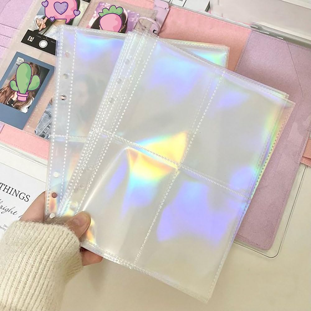 12 fogli A5 buste per raccoglitori di carte con 8 tasche, 6 tasche per raccoglitori di carte a 6 anelli, maniche double-face per fotocard laser, stelle, fiori, cuore, pagine per album fotografici