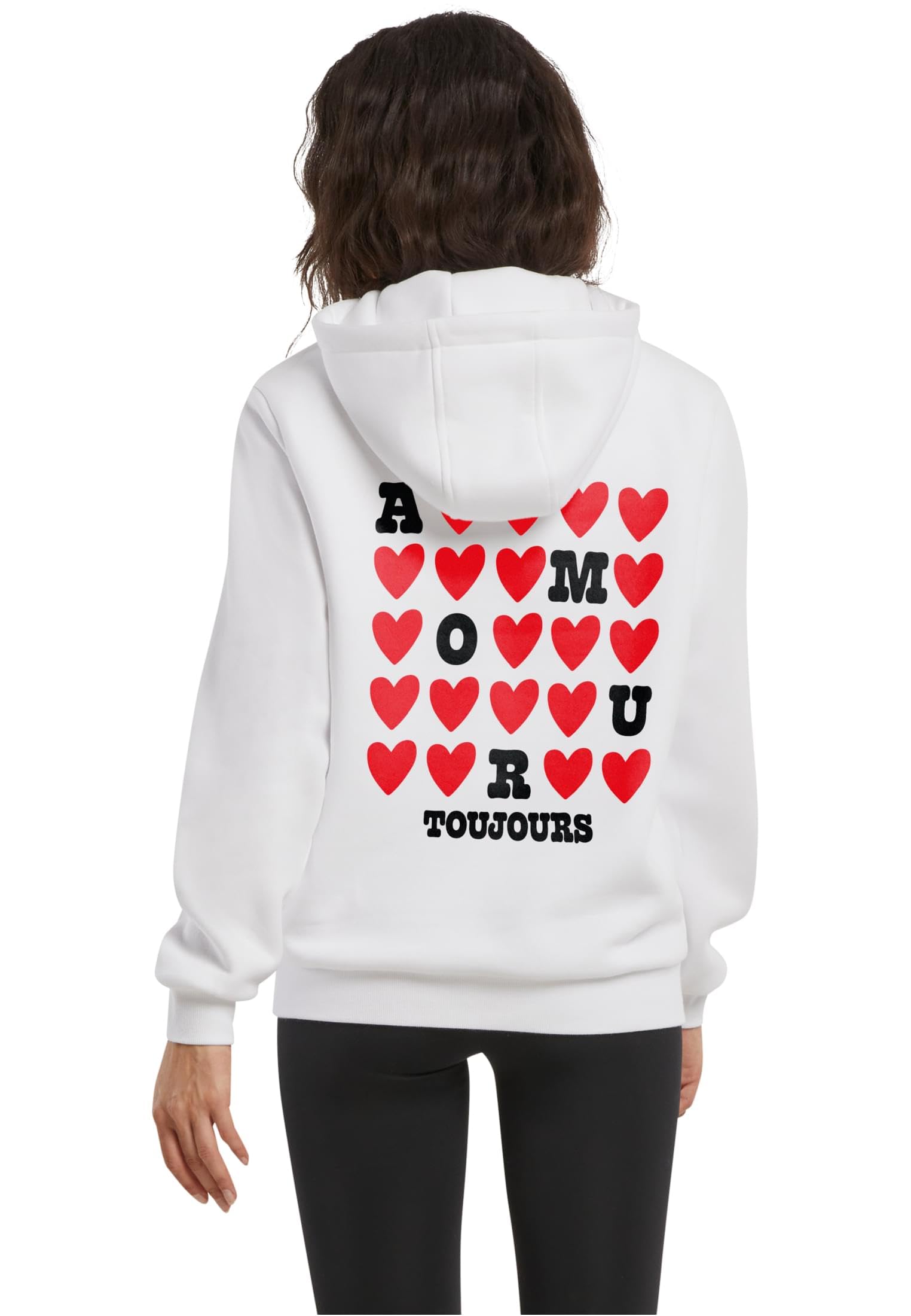 Miss Tee damska bluza z kapturem Amour Toujours Heart Fluffy Hoody – bluza z kapturem o luźnym kroju z miękkim polarem wewnątrz, kieszenią typu kangur, logo w kształcie serca i dużym nadrukiem z tyłu