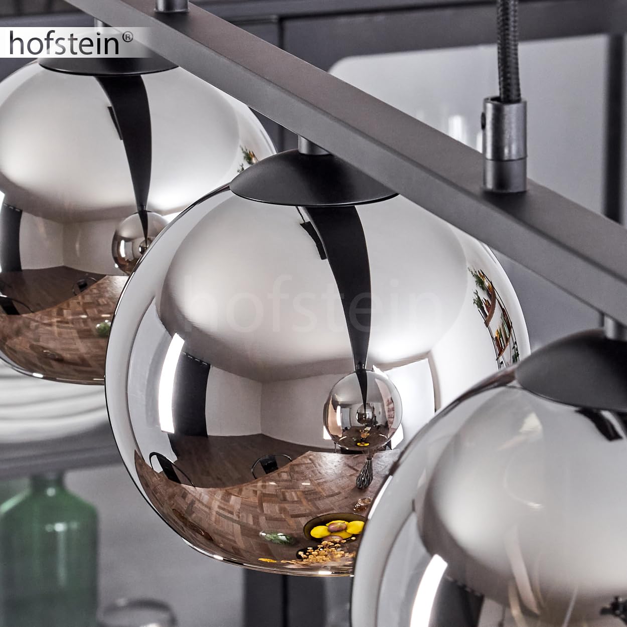 Pendelleuchte Koyoto, Hängelampe aus Metall/Glas in Schwarz/Chromfarben, Hängeleuchte im Retro/Vintage-Design mit Glasschirmen (Ø 15 cm), 3-flammig, Höhe max. 111,5 cm, 3 x E27, ohne Leuchtmittel