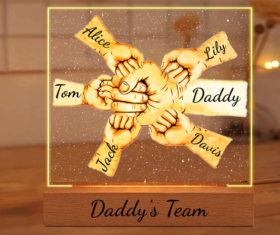 Fathers day Daddy's Team Fist Bump Light Gift, Personalized Acrylic Daddy Fist Bump LED Night Light, Custom Dad Fist Bump Gift, Father's Day Christmas Birthday Gifts for Daddy, Grandpa (Style-05)