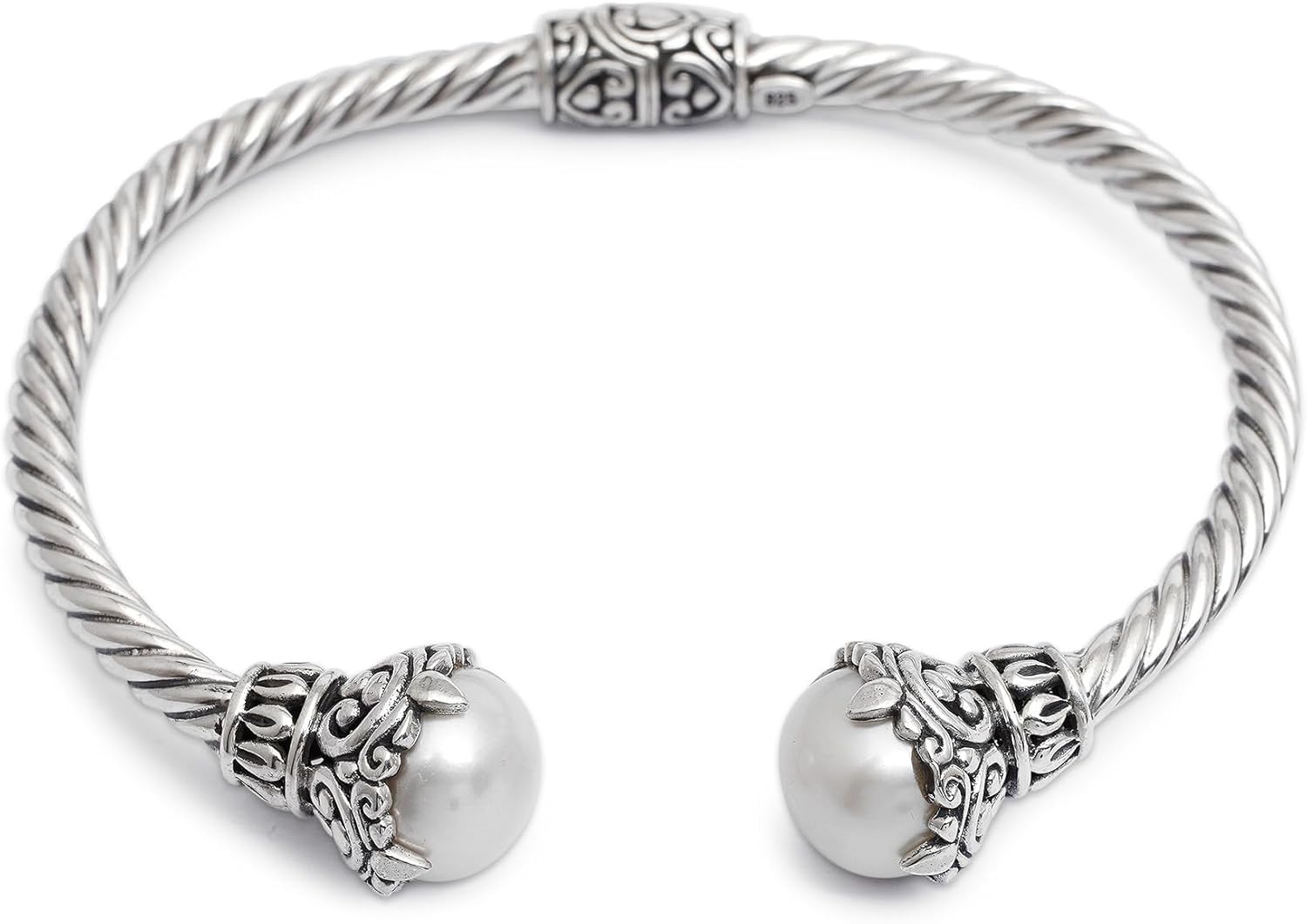NOVICA Artisan Handmade Cultured Freshwater Pearl Cuff Bracelet .925 Sterling Silver from Indonesia 'Sterling Rope'