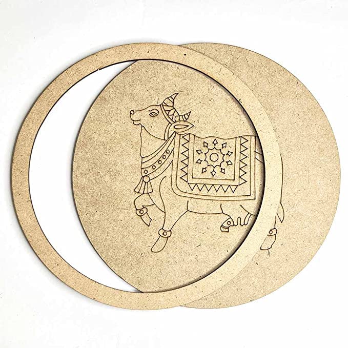 Image of Adikala MDF Pichwai Cow Right Side Face Engraved Design Wall Plate Base With Frame Cutout for DIY Craft-Set Of 2