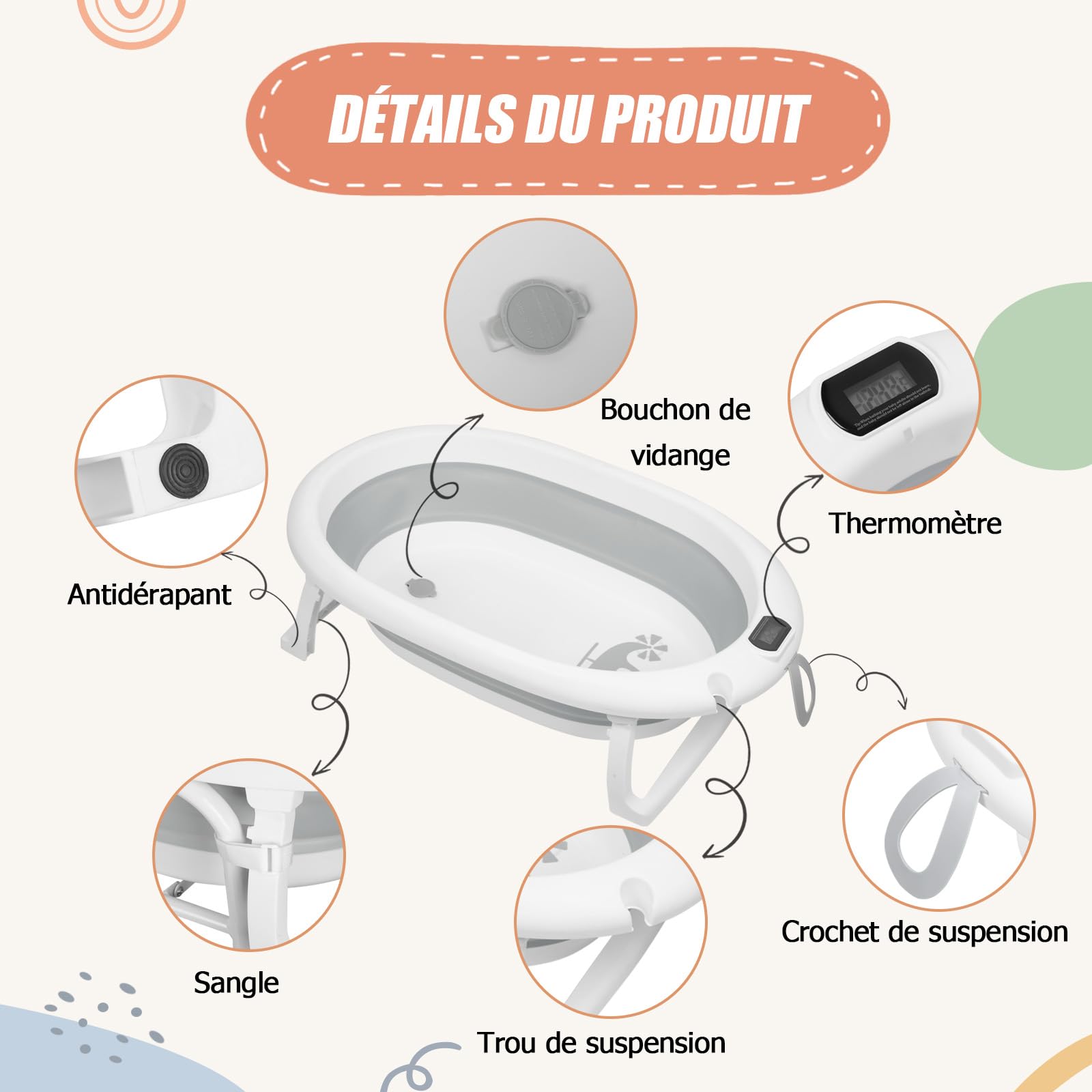 Baignoire Bébé Pliable avec Support sur Pied 85x47x85 cm Gris