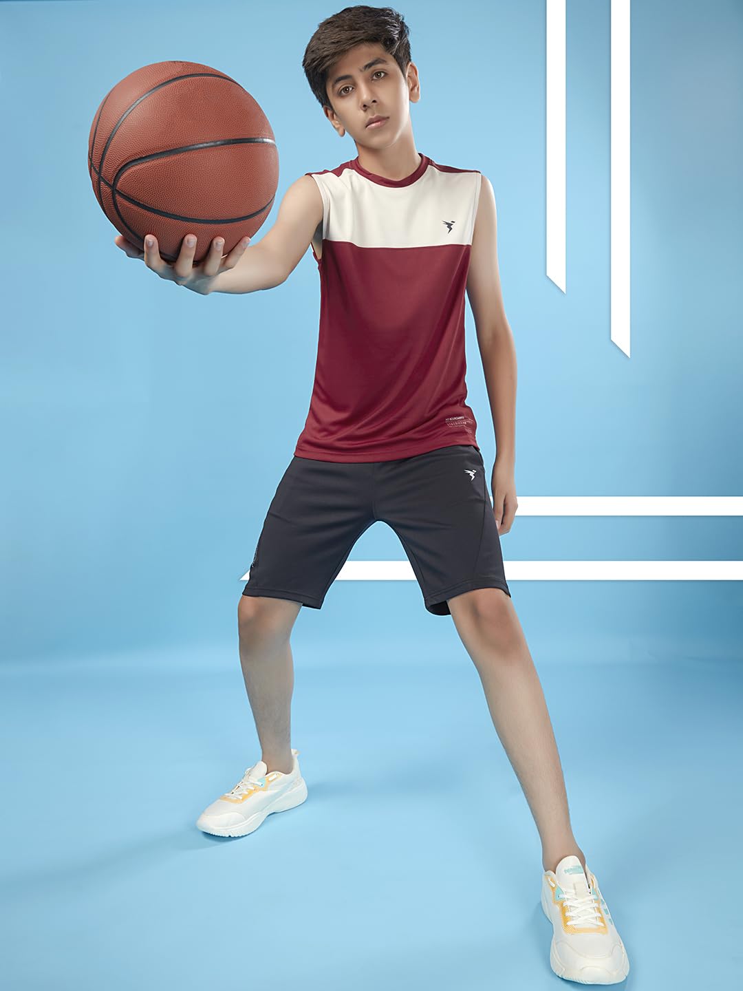TECHNOSPORT Boys Slim Fit Color Block Gym Vest for Running, Gym & Sports - (BTB126BRD_Berry Red_13-14 Years) - Image 4 thumbnail