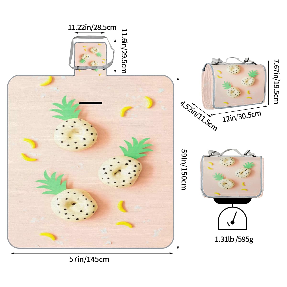 Shimoshe Picnic Blankets 57”x 59”, Pineapple Donut Waterproof Sandproof Picnic Mat Lightweight Foldable Beach Blanket for Camping Park Grass Beach Outdoor Blanket