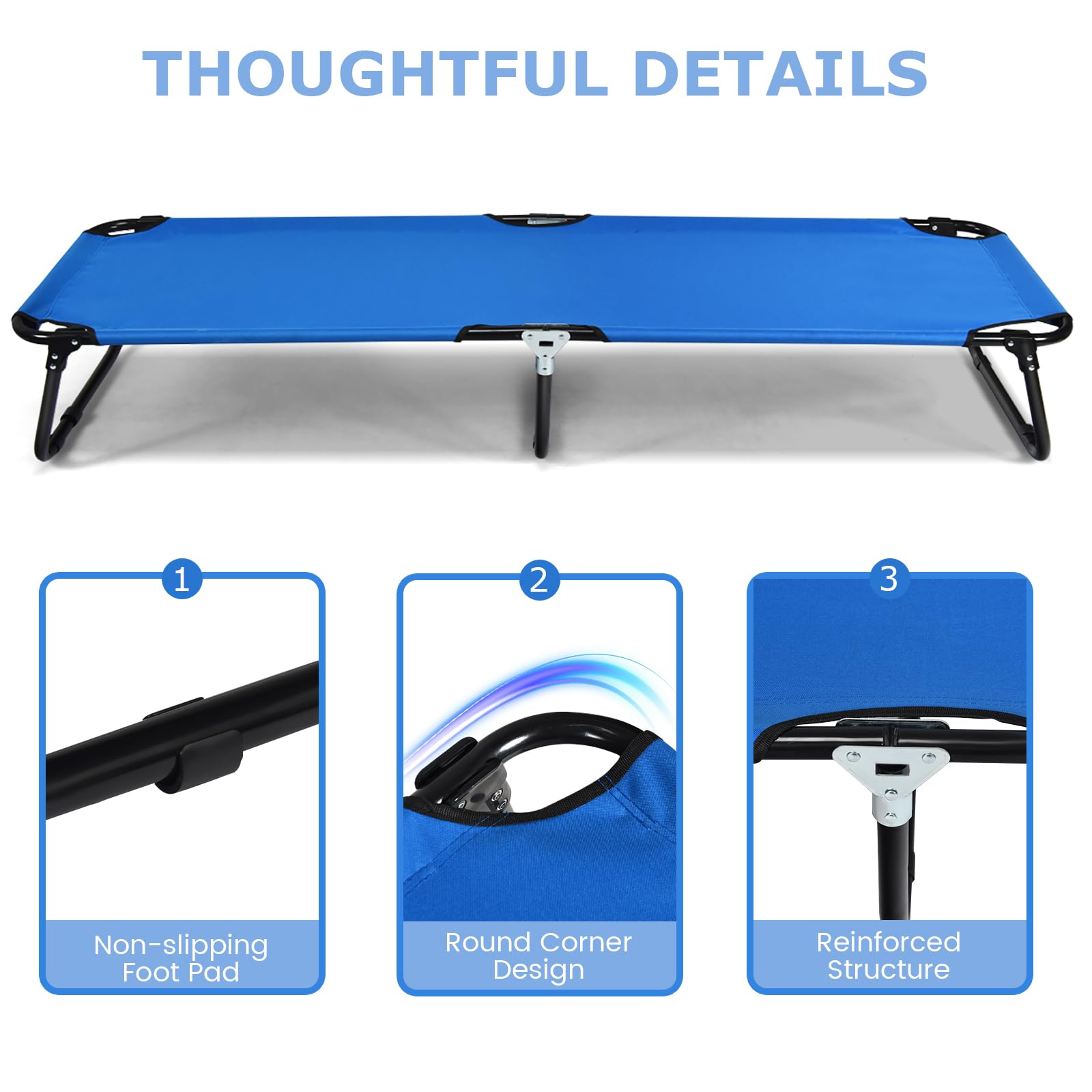 KOMFOTTEU Lit de camping pliable avec cadre en métal et tissu Oxford, lit pliant unique jusqu'à 150 kg pour extérieur, camping, jardin, 191 x 56 x 31 cm, bleu