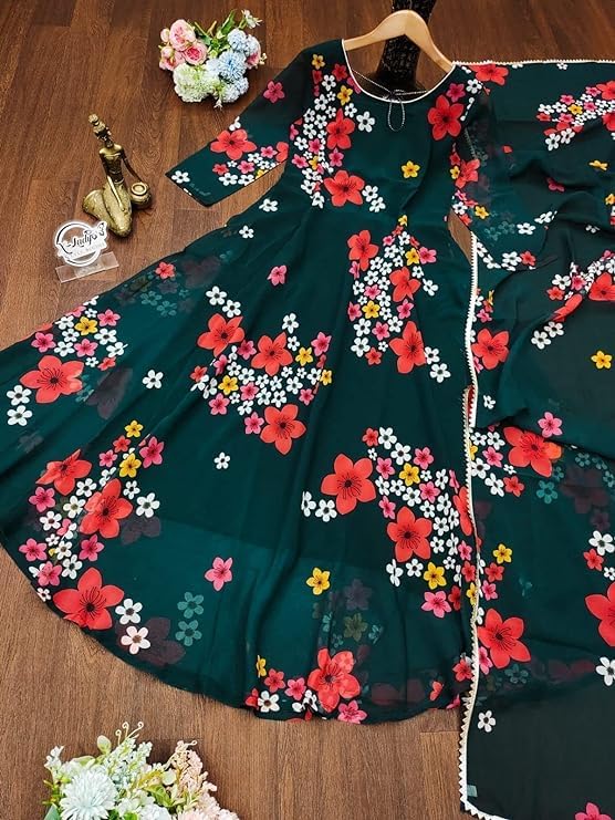 Image of DIGAMBARA Digital Floral Printed Georgette Anarkali Gown for Women, Ethnic Wear, Full Sleeves, Fit and Flare Dresses with Dupatta for Womens and Girls, Green