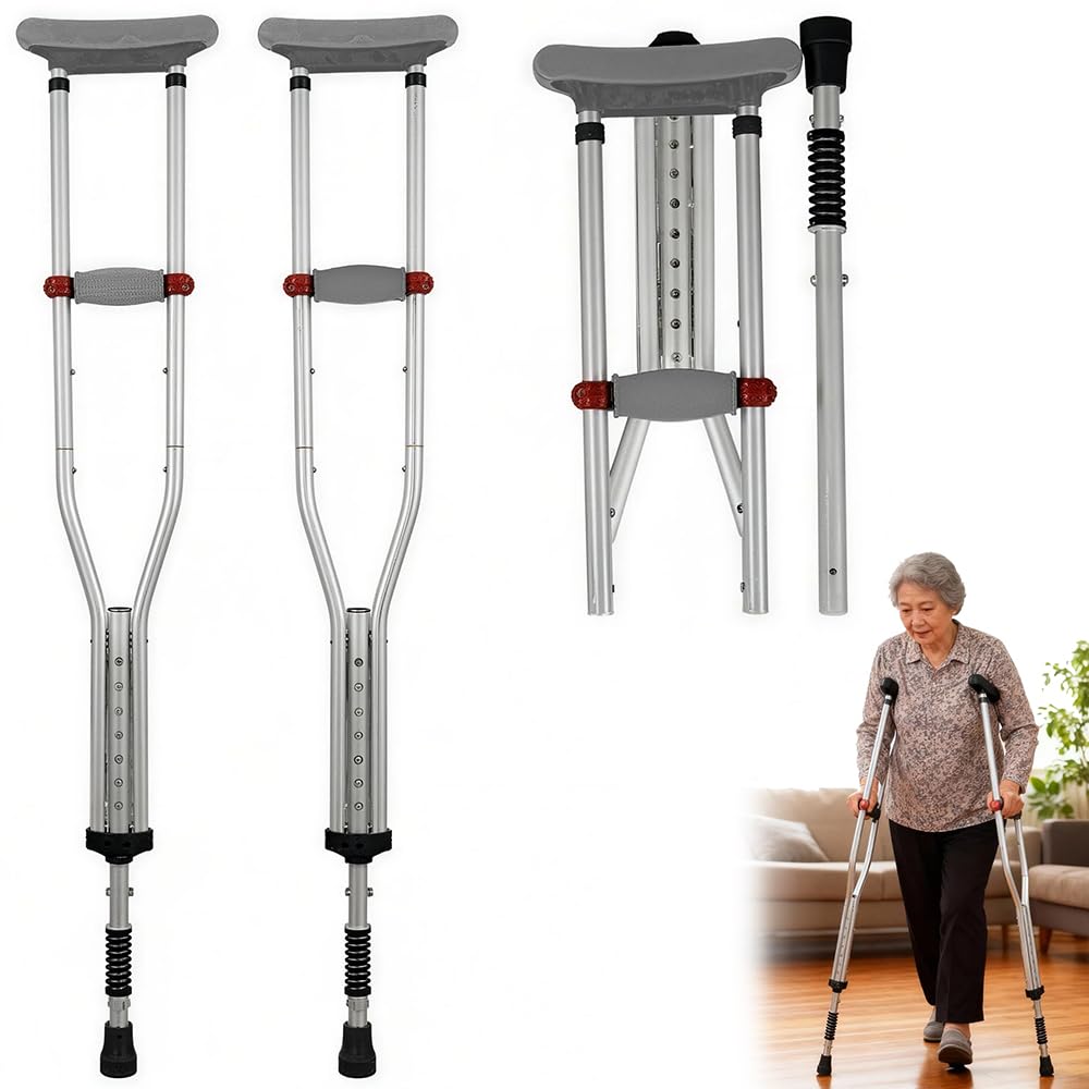 Muletas Axilares 1 Par (2 Piezas) – Altura Ajustable 118-164cm 19 Niveles Regulables，con Amortiguación y Plegable, Aluminio y Almohadillas de Goma Soportan 150kg, para Mayores o Post-Cirugía (plata)