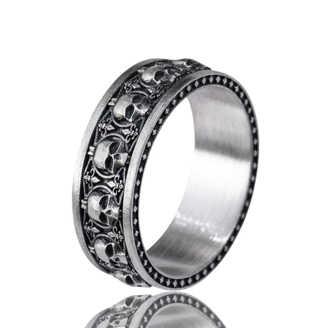 VALLEER Men’s Skull Band Ring For Men – 925 Sterling Silver Rings For Men, Gothic Wedding Band, Vintage Oxidized Skull Design, Bold Biker Statement