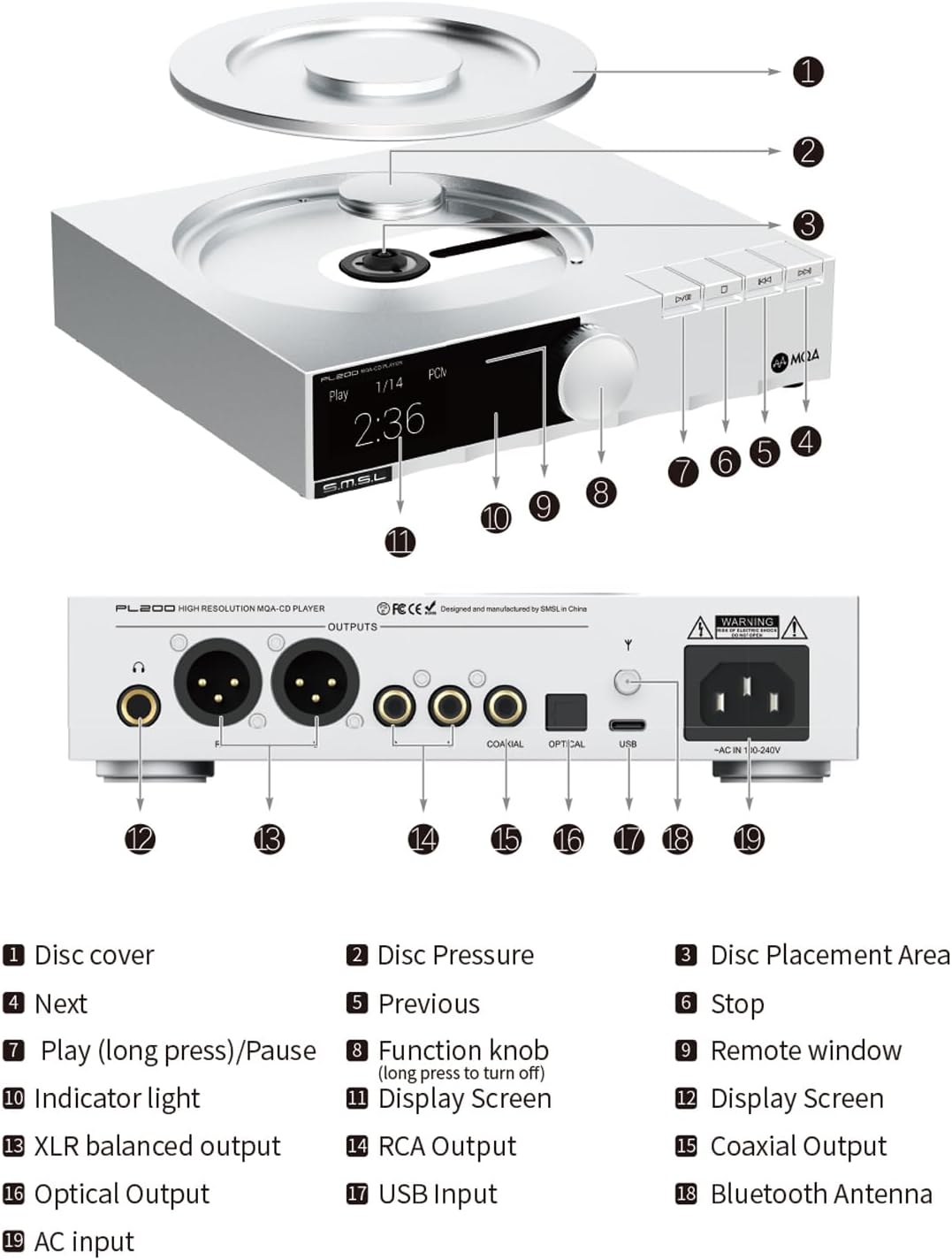 SMSL PL200 MQA CD Player with AK4499EX DAC BT 5.1(LDAC/aptX HD) USB Headphone Amplifier Support MQA-CD MQA Full Decoding 32bit/768kHz DSD512 XLR Balanced Hi-Res Preamp