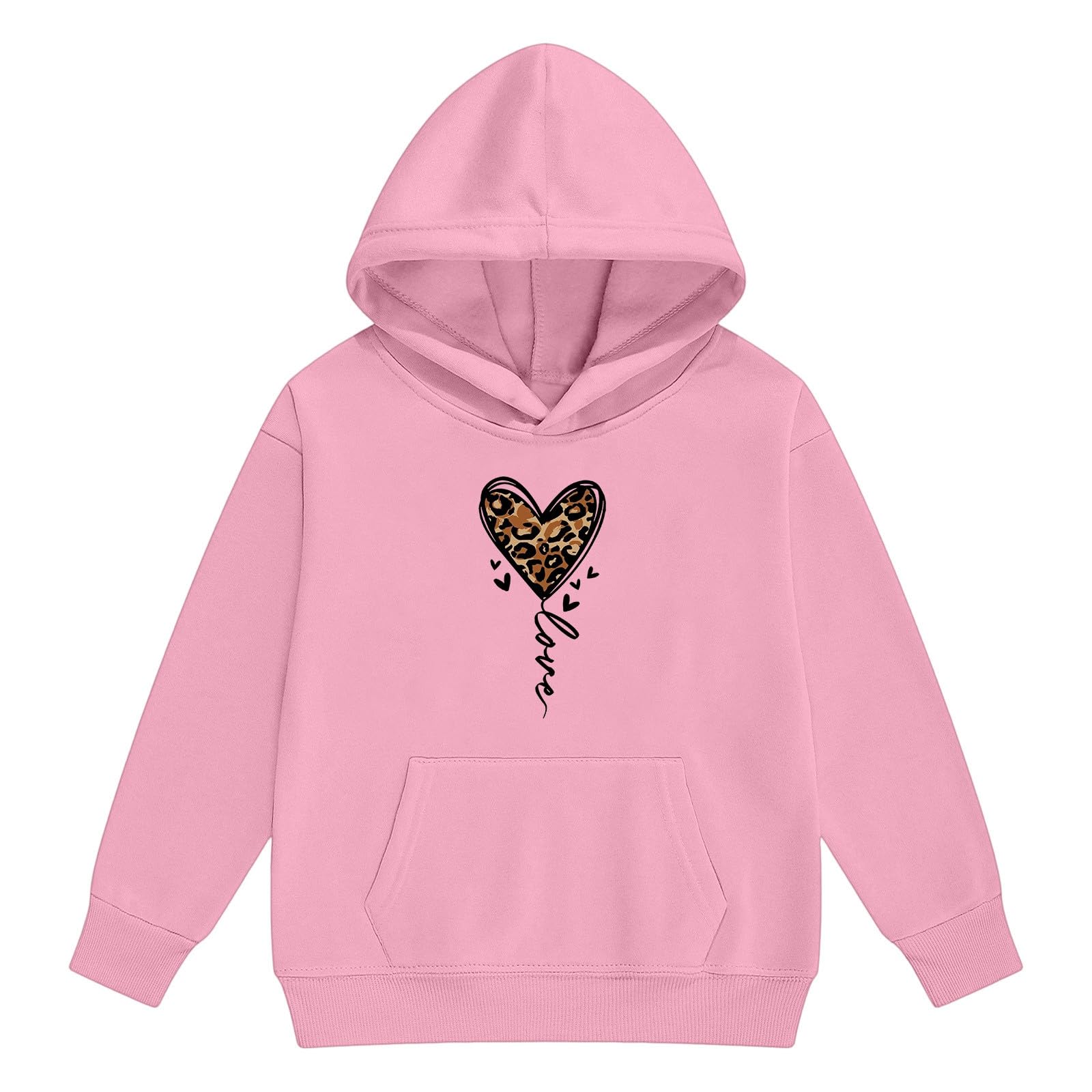 Ensemble Fille, De Survêtement À Capuche Pour Filles, Imprimé Léopard Et Cœur, En Polaire, Style Jogging, Avec Poches, Idéal Pour Une Tenue Décontractée., Ajustement Parfait