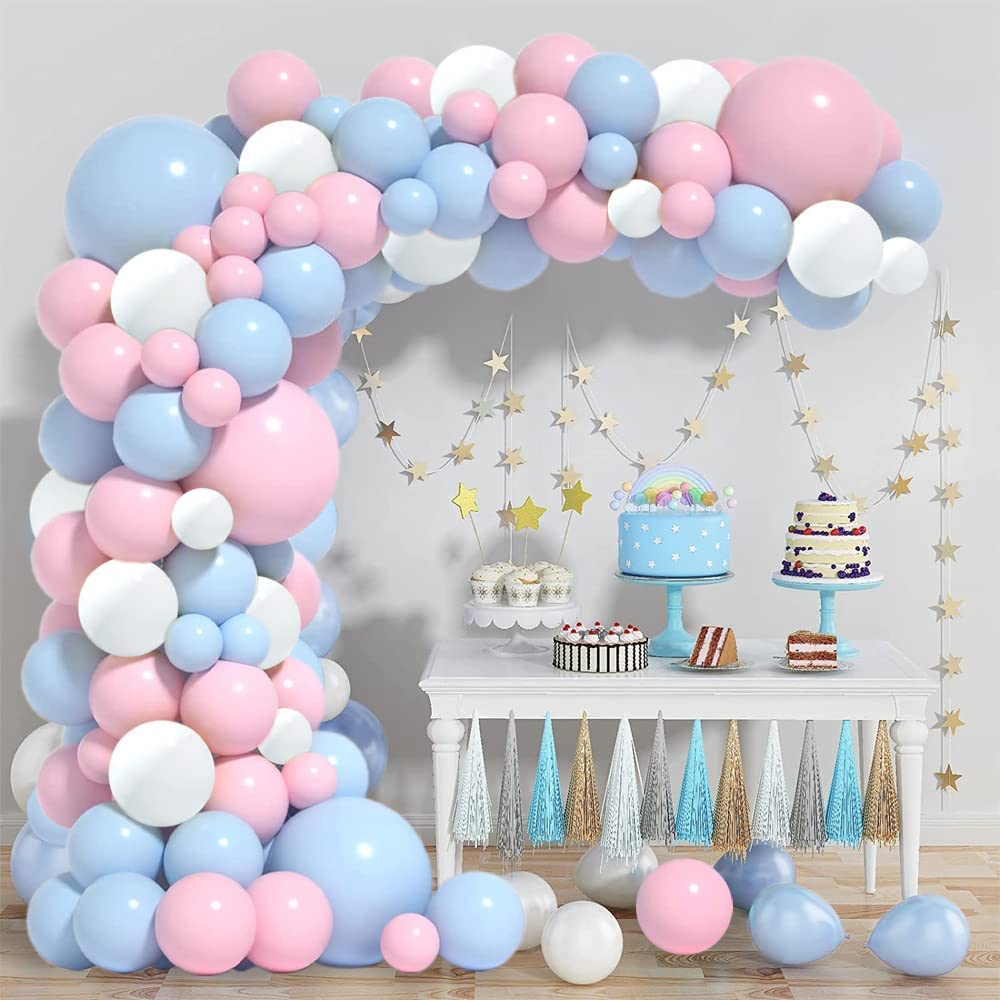 124 Pcs Pink and Blue and White Balloons Garland Kit for Boys Girls Gender Reveal Decorations Wedding Baby Shower Birthday Party Decorations, 5+10+12+18 inch