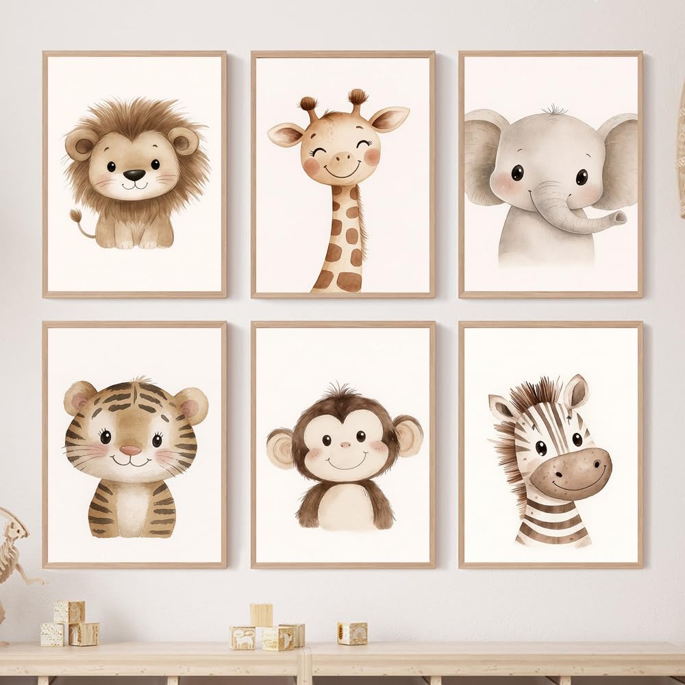 6 Laminas Animales Infantiles 21X30CM Cuadros Animales Niños Selva Elefante Jirafa León Zebra Poster Decorativos Habitacion Niños Lienzo Habitacion Bebe Cuadros Para Quarto Bebe Beige sin Marco