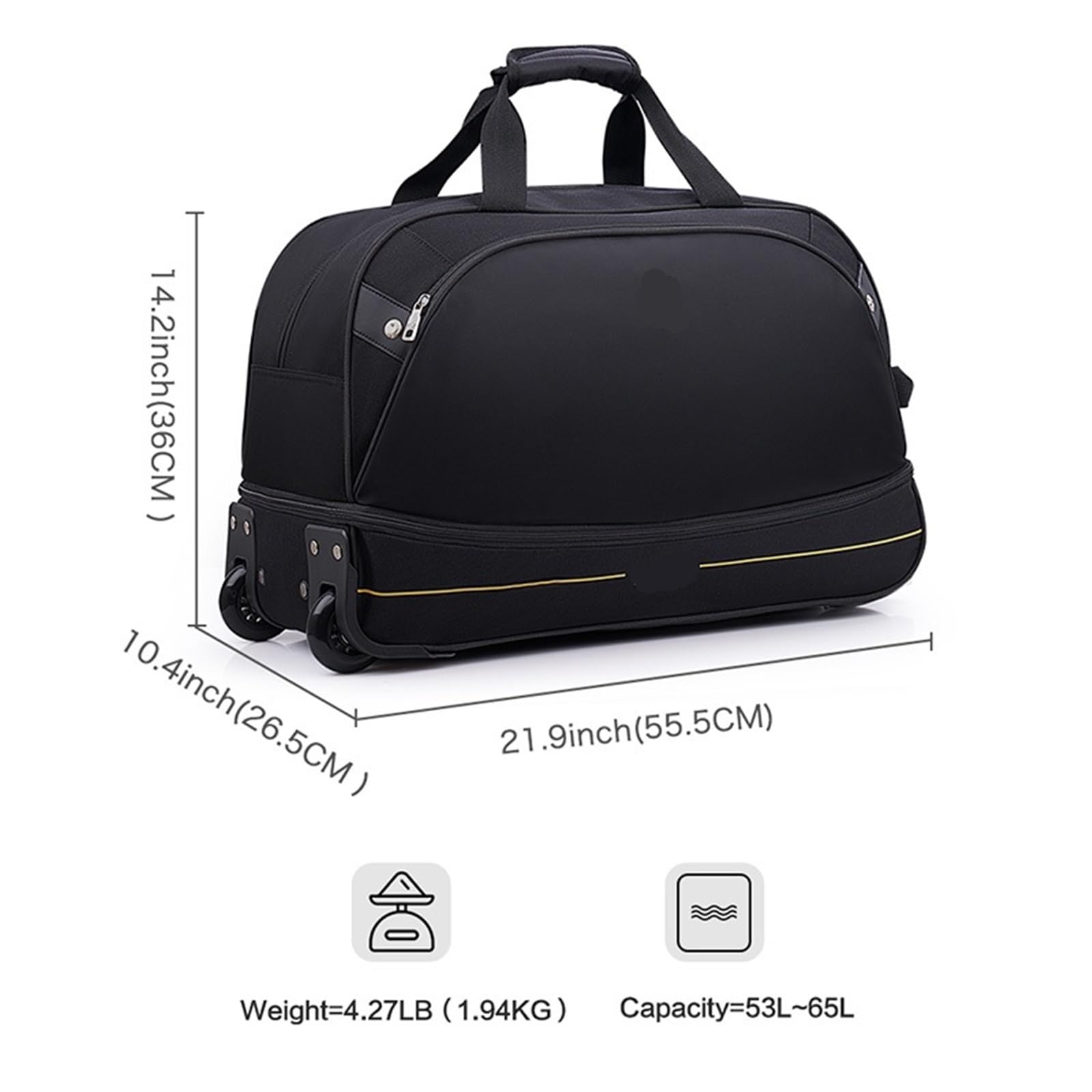 Bolsa de Viaje con Ruedas for Hombre, 56 l, Impermeable, Plegable, con Ruedas, for Mano, Equipaje de Mano, Paquete de expansión(Black)