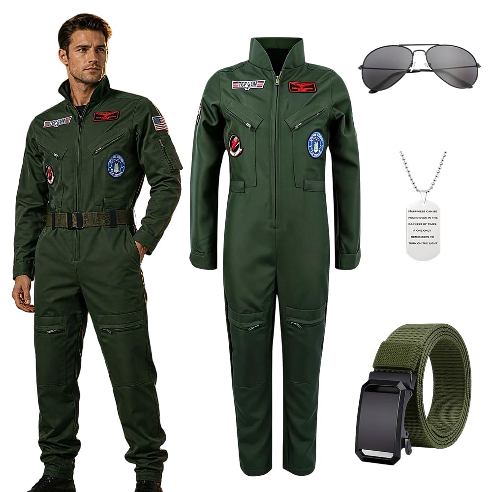 Men Pilot Costume Aviator Fancy, 4PCS Flight Suit Costume, Aviator Costume with Pilot Jumpsuit Necklace Sunglasses, Aviator Flight Suit for Adults, Halloween, Cosplay, Costume, Carnival, Christmas, L