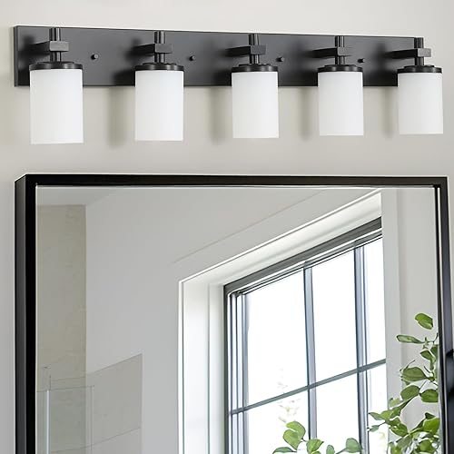 Miniatura 13 de LOUSACE Lámparas de baño sobre espejo de níquel cepillado, 6 luces de tocador de baño con pantallas de vidrio blanco ópalo, apliques de pared