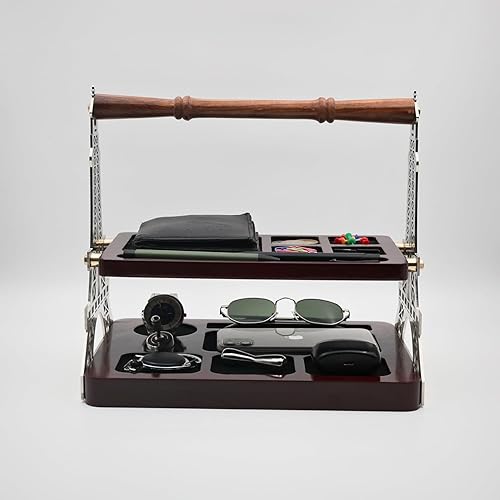 Miniatura 6 de Eiffel Tower 2-Tier Desk Organizer for Men with Wooden Handle  Personalized Desktop Storage Rack  Multi-Compartment Stand for Phone, Wallet, Keys,