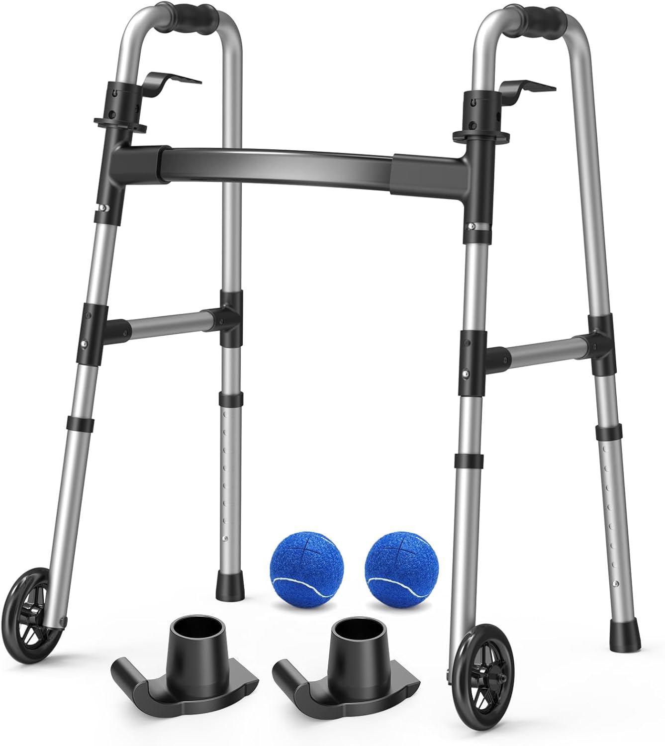 Folding Walker with 2 Precut Tennis Balls, 5" Wheels Lightweight Walkers for Seniors and Adults, Supports Up to 350 Pounds, Adjustable Height, Compact Standard Walker Walker With Balls