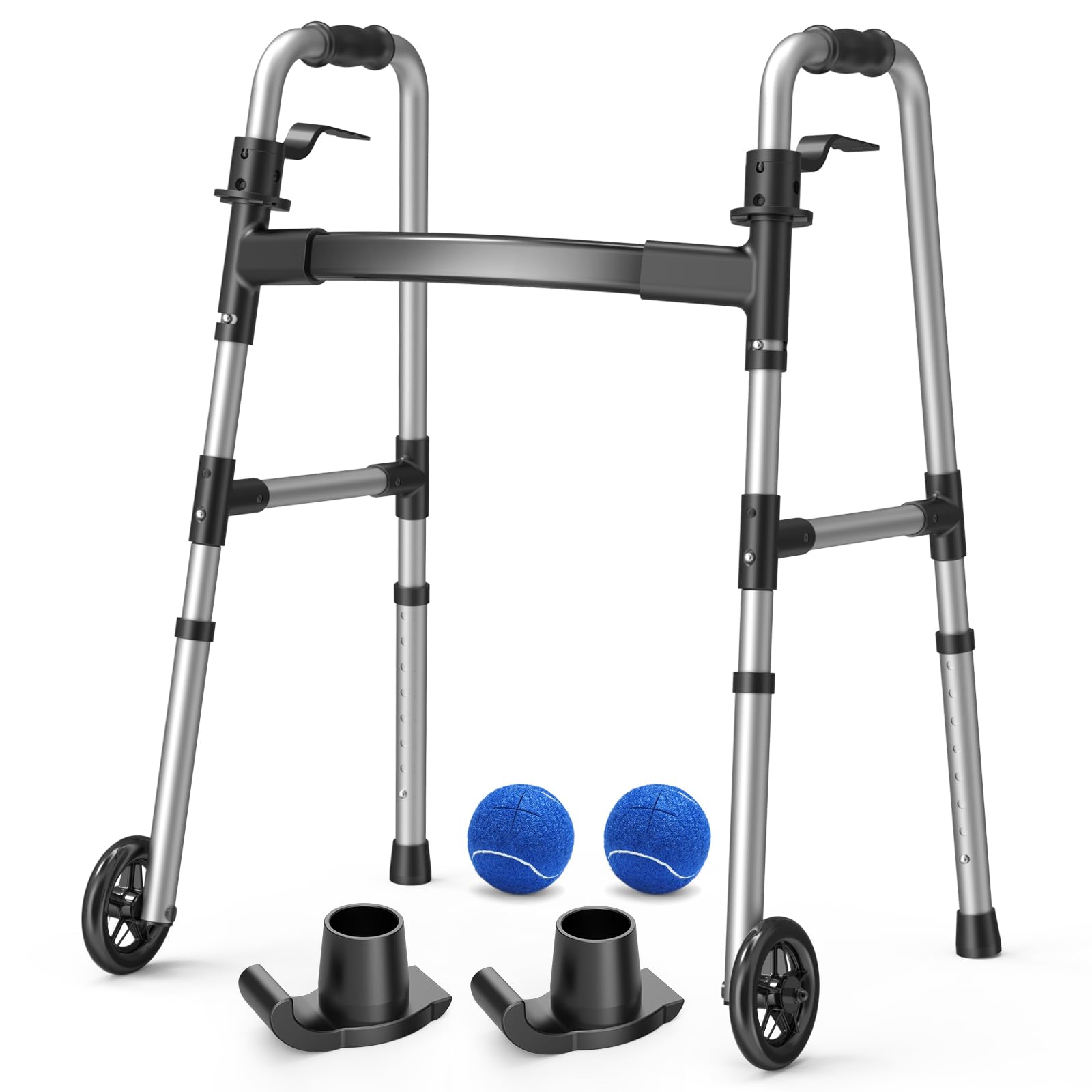Folding Walker with 2 Precut Tennis Balls, 5" Wheels Lightweight Walkers for Seniors and Adults, Supports Up to 350 Pounds, Adjustable Height, Compact Standard Walker