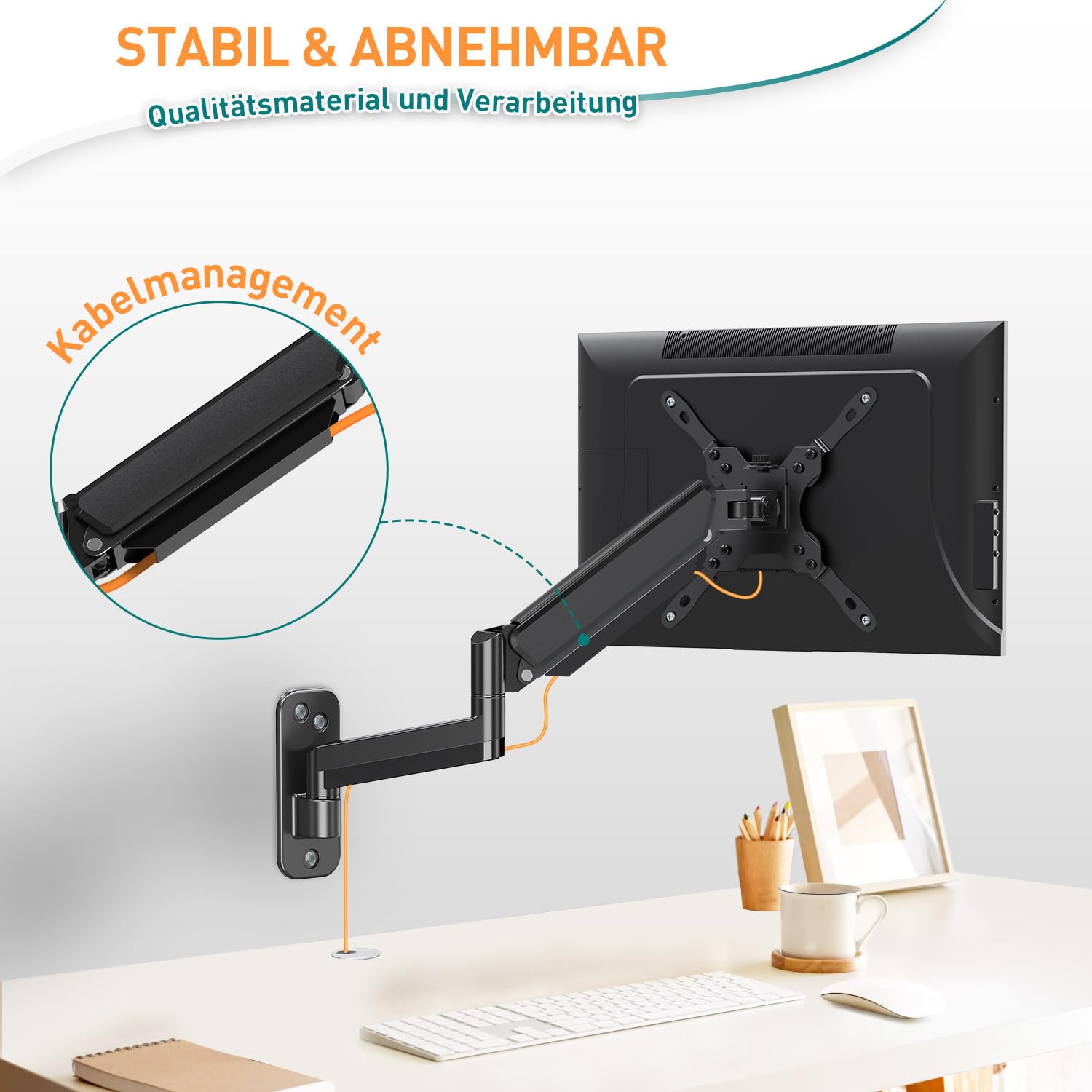 ELIVED Ultrawide EV6023 Support mural pour écran max. 35 jusqu'à 12 kg, VESA 75/100/200 mm, vérin à gaz pour PC, hauteur réglable, bras d'écran Ultrawide Premium
