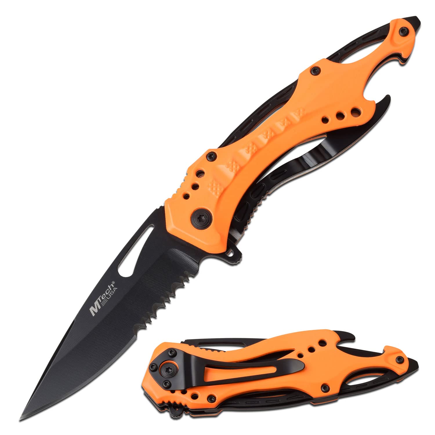 MTECH USA Folding Knife, 3.75-Inch Half-Serrated Blade, Titanium Coating, Glass Breaker, Pocket Clip