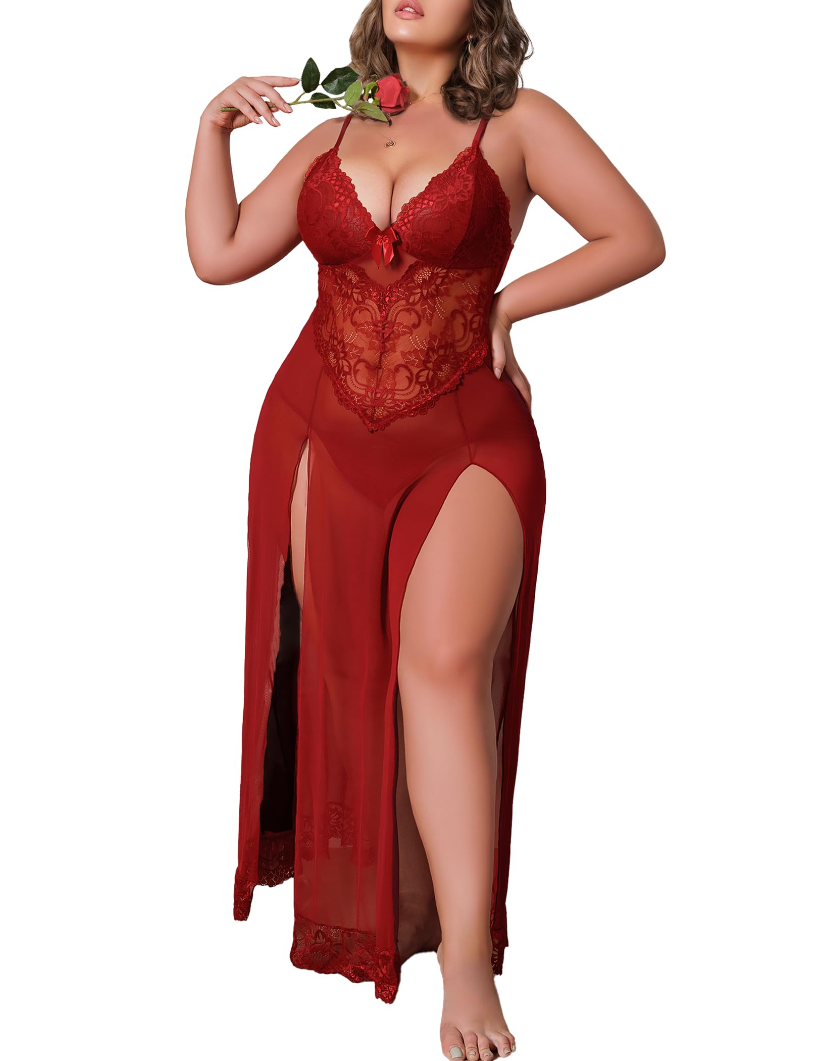 Alrovetoney Plus Size Lingerie For Women Babydoll Sexy Mesh Maxi Nightdress Exotic Sleepwear Side Slits