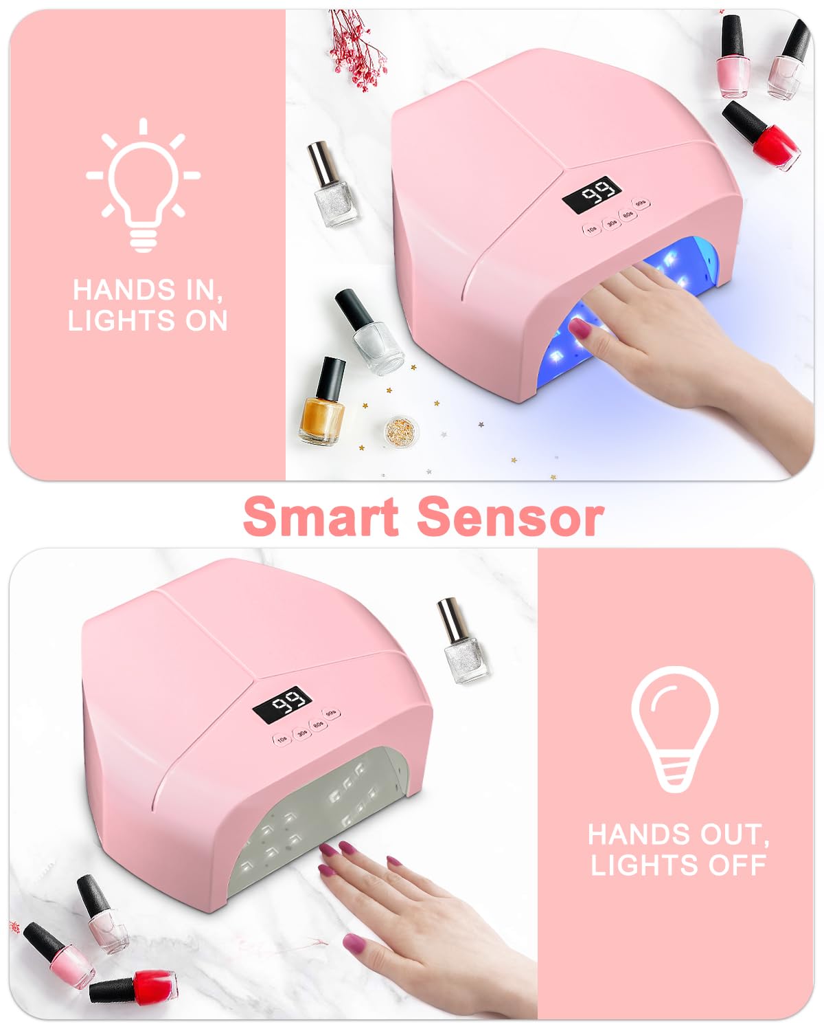 Lampe UV Ongles Gel 298W jutyum, 72 LEDS/Capteur Automatique, Lampe UV Vernis Semi Permanent, Lampe LED Ongle Rose