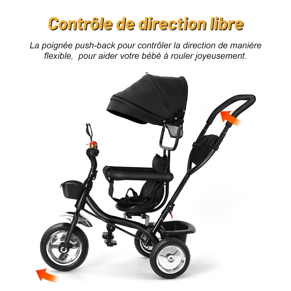OHMG Tricycle bébé évolutif 5 en 1 vélo Poussette bébé avec poignée de poussée, auvent Amovible, Ceinture de sécurité à 5 Points, Rangement, Repose-Pieds, Frein, pour Enfants de 1 à 5 Ans