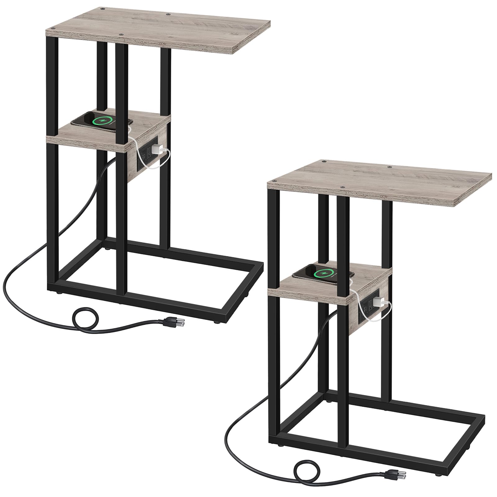 TUTOTAK C Shaped End Table with Charging Station, Set of 2, Side Table with 2 USB Ports and Outlets, Snack Table for Couch and Bed, Small Sofa Table for Small Spaces, Living Room, Bedroom TB01BG0432