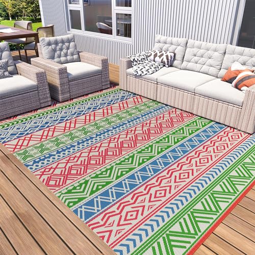MontVoo Outdoor Rug with Led String Strip Lights 6x9ft Waterproof Outdoor Patio Rug Mat Reversible Plastic Straw Rug Outside Outdoor Rug for RV Camping Picnic Balcony Backyard Fairy Outdoor