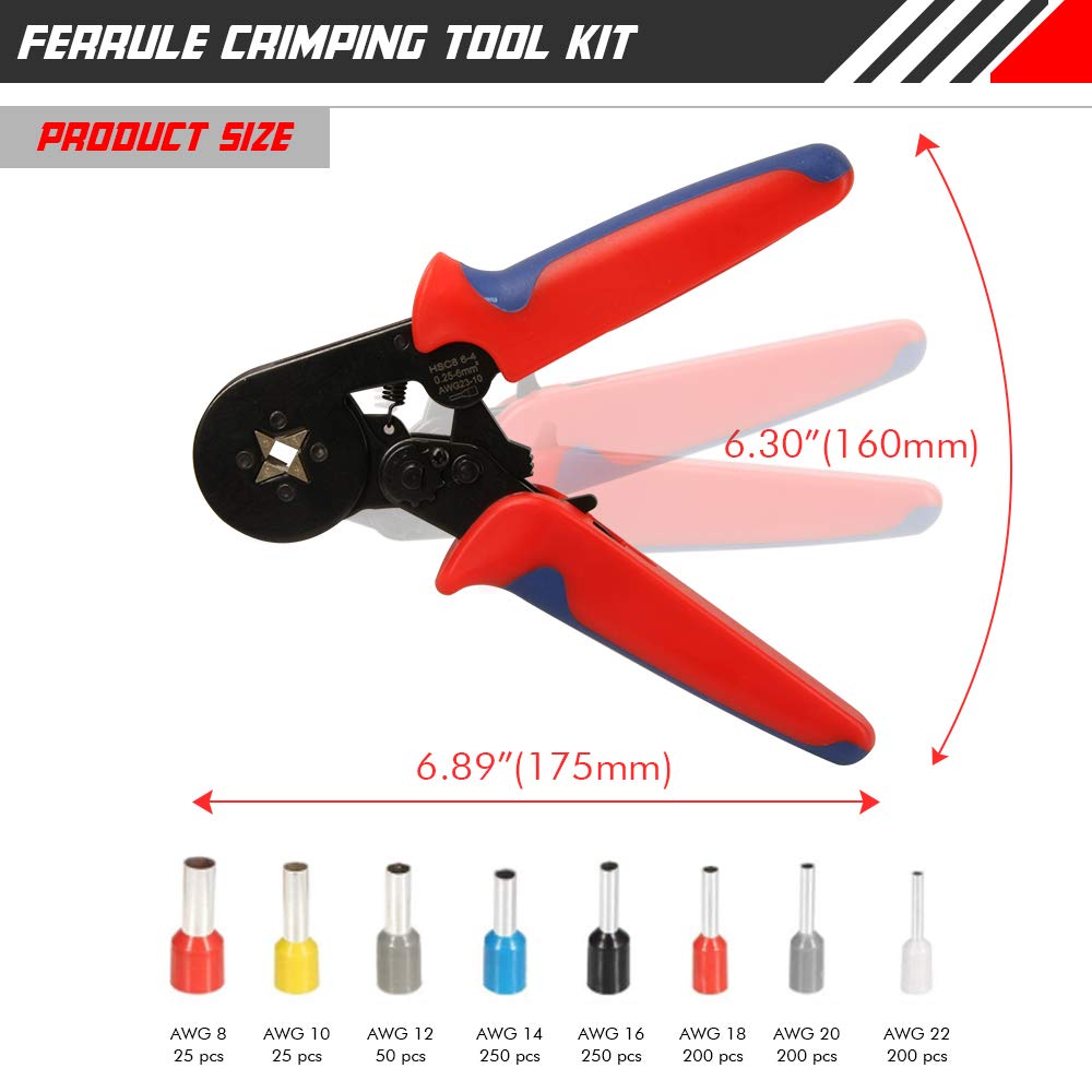 Ferrule Crimping Tool Kit Wire Crimper Pliers Set AWG 2210 with 1200