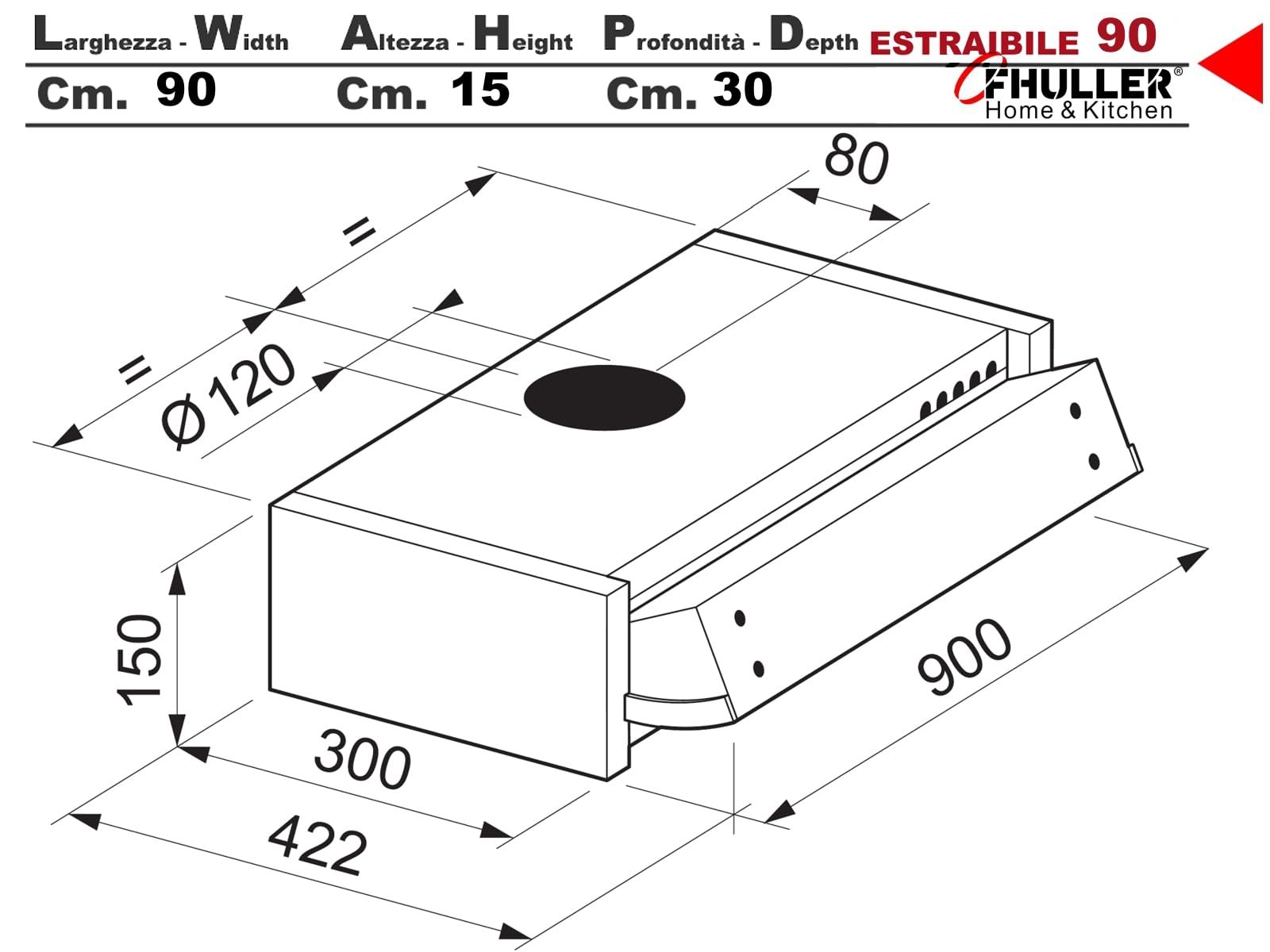 Cappa ESTRAIBILE PLUS Gruppo Incasso 90 Sottopensile Tecnowind K104R0079 Motore 320 m³/h Classe C SENZA FRONTALINO Illuminazione a LED 2,5 w E14 Comando Meccanico Filtro Metallico