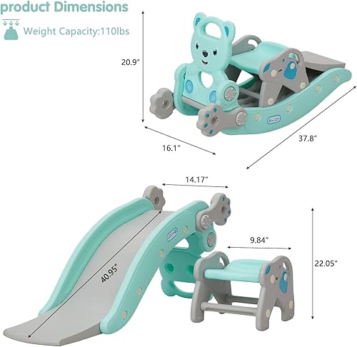 Miniatura 7 de Kinfant Juego de caballos mecedores para niños, centro de actividades 5 en 1 con aro de baloncesto y juego de anillo, juego para bebé con silla