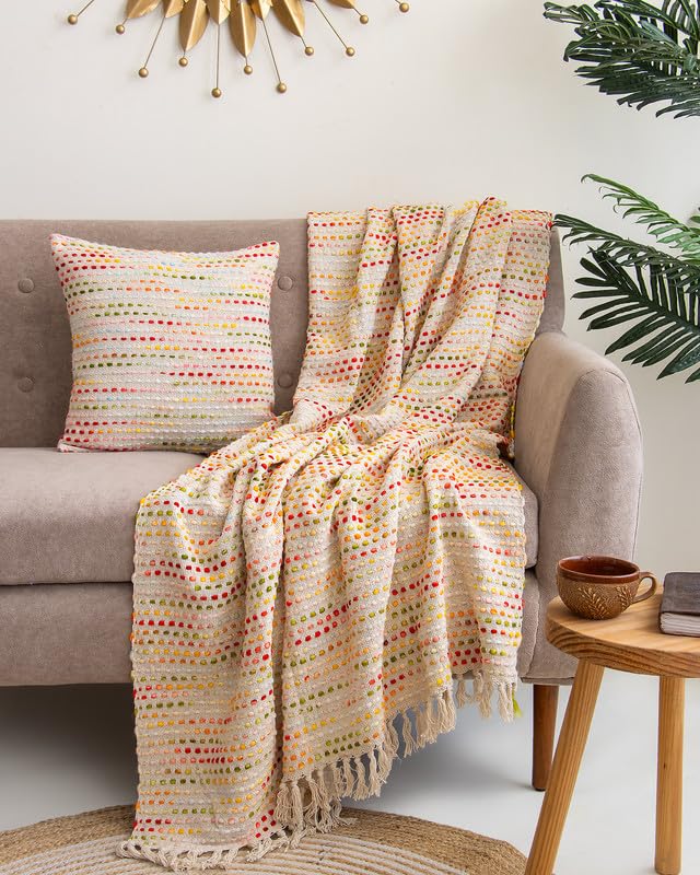 Image of Multicolor Hand Woven Sofa Throw (50x70 Inches) with 2 Pcs Cushion Cover(16x16 Inch) Soft Lightweight Thrower for Couch, Living Room & Bed (Pack of 3)