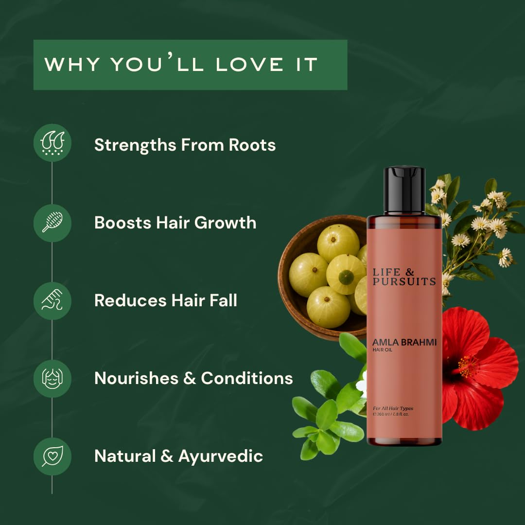 Life & Pursuits Amla Brahmi Aceite para el crecimiento del cabello 200 ml de aceite natural y orgánico para el cabello con coco ricino y sésamo para cabello fuerte y grueso (el embalaje puede variar)