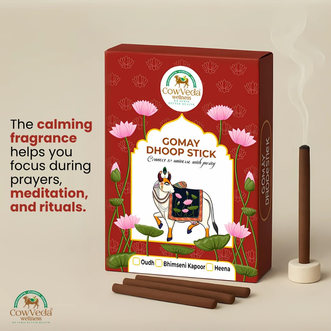 CowVeda's Divine Aroma Combo β Panchgavya Vastu Samruddhi Cup (2 Packs) + Gomay Dhoop Stick Heena & Oudh (2 Packs) | 100% Natural Panchgavya & Ayurvedic Fragrance | Chemical Free 2