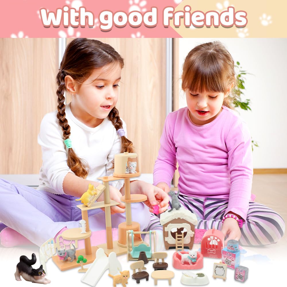 Lotvic Cat Pretend Play Toys, Cat Figures Playset, Cat House Furniture Toy, Real Pet Care Center, Cat Care Role Play Toys, Cat Toy for Doll Accessories, Educational Cat Toys for Kids (Cat)