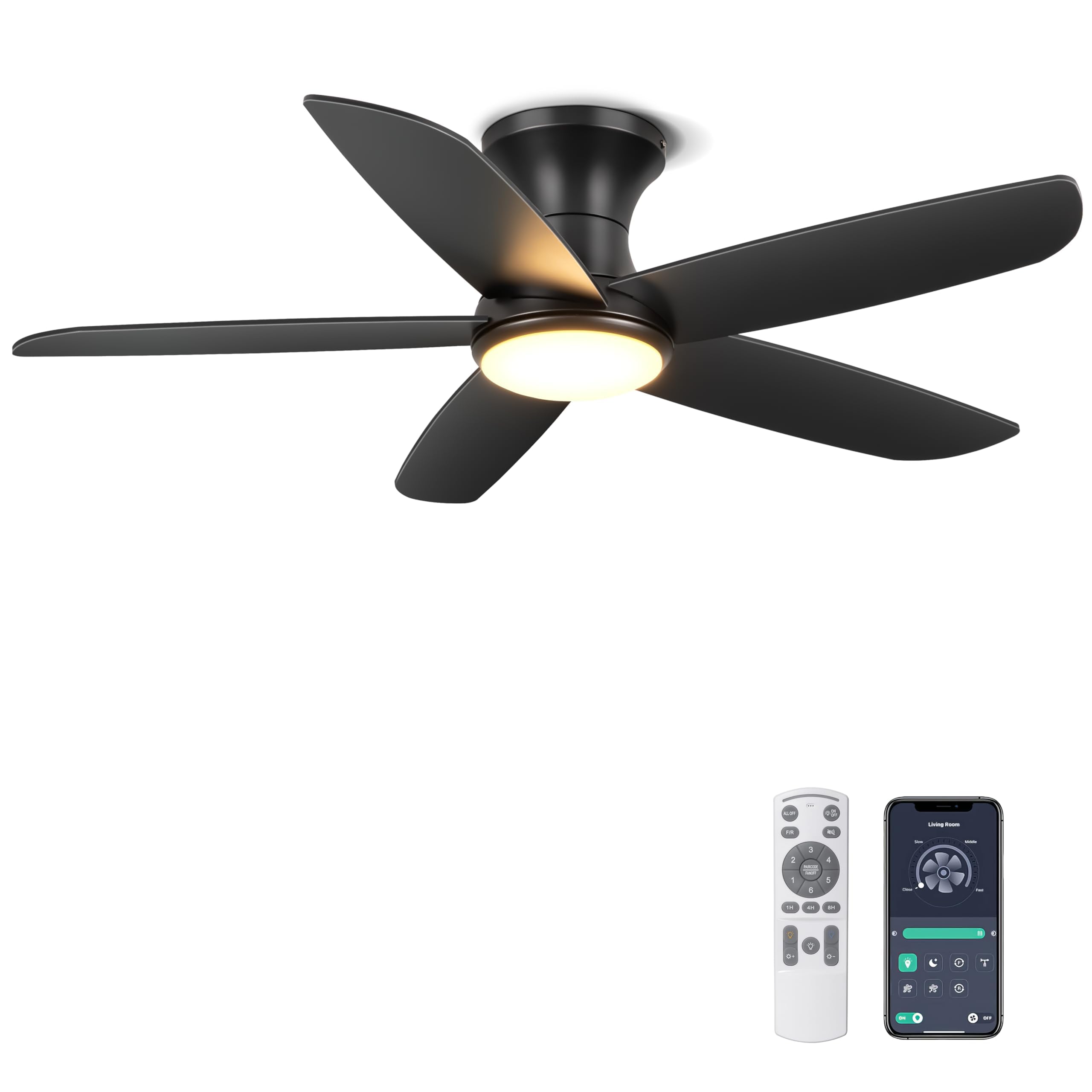 Ohniyou Ceiling Fan with Lights, 46 inch Flush Mount Ceiling Fans Remote/APP Control – Dimmable, Quiet DC Motor, Indoor Ceiling Fans for Bedroom Kitchen, Black — image 1