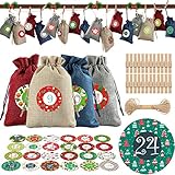 Christmas Advent Calendar Bags 2020,24 Days Burlap Bags with Drawstring Pouches Candy Sacks DIY Decorations for Xmas Countdown