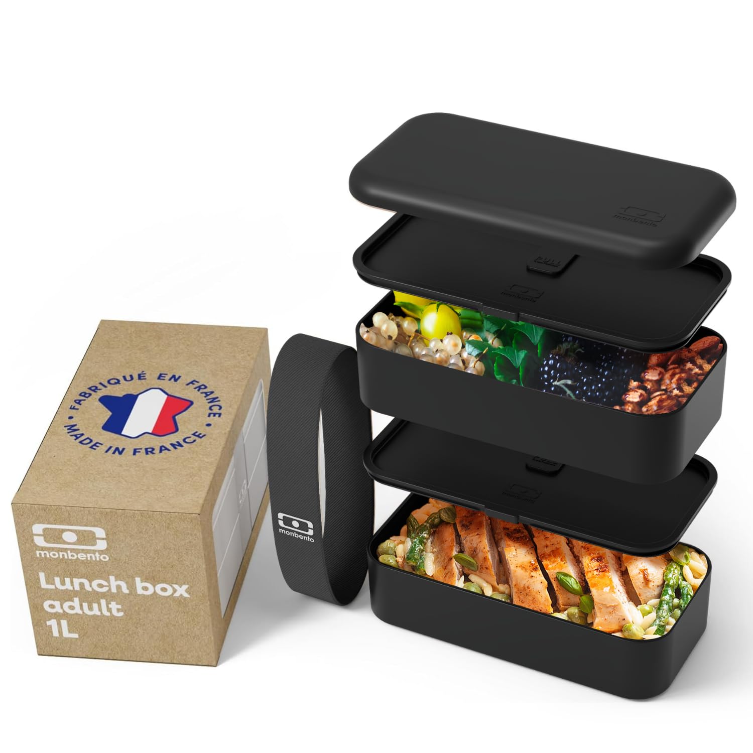 monbento - Bento box MB Original Onyx - Boîte Repas à Compartiments - Lunch box Hermétique 2 étages - Idéal pour Travail/Ecole - Sans BPA - Durable et Sûr - Made In France - Noir