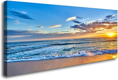 Aibonnly Lienzo decorativo para pared, diseño de puesta de sol sobre las playas, 1 pieza, vista al mar azul, póster enmarcado y estirado, listo para