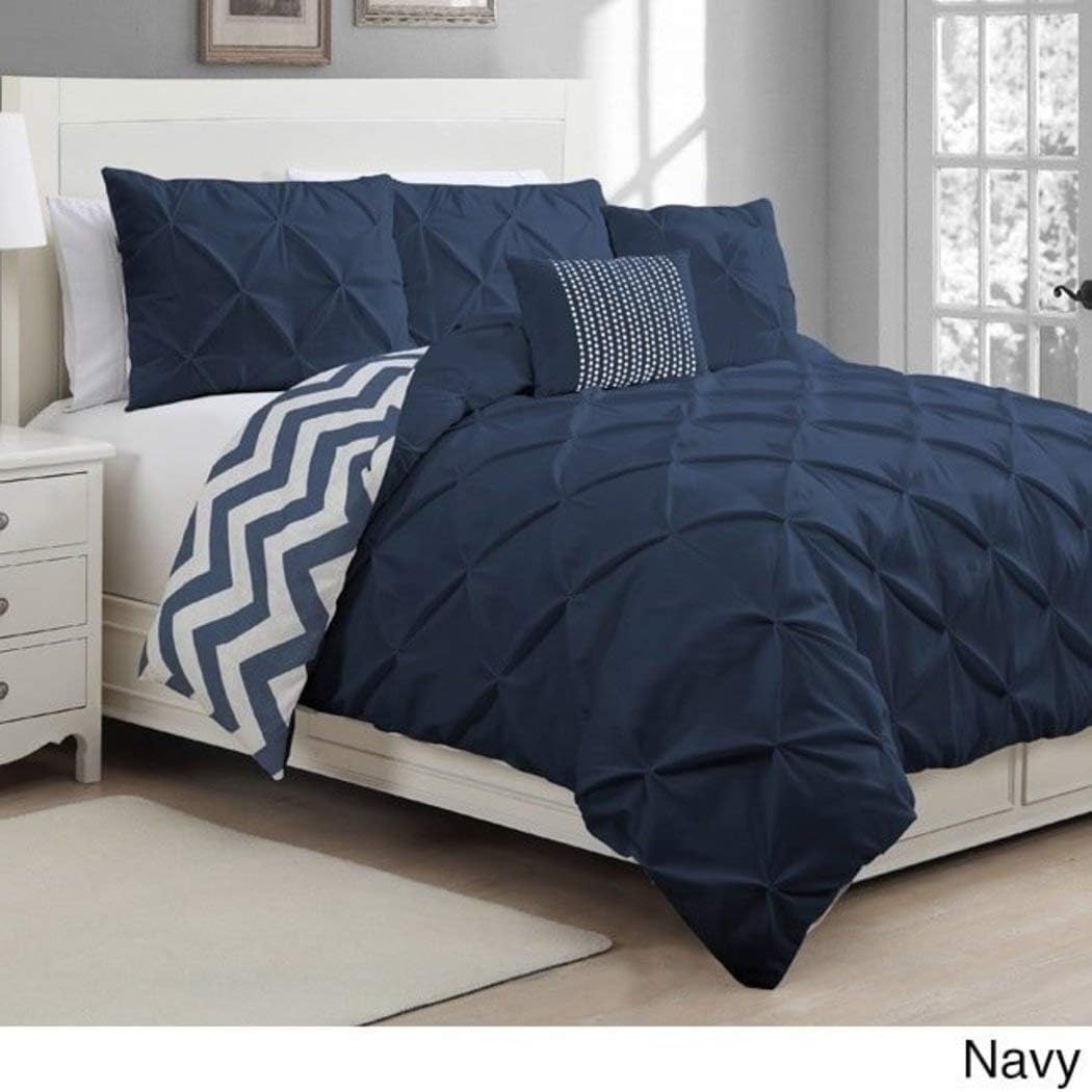 MS 5pc Navy Full Queen Chevron Solid Color Pintuck Pinched