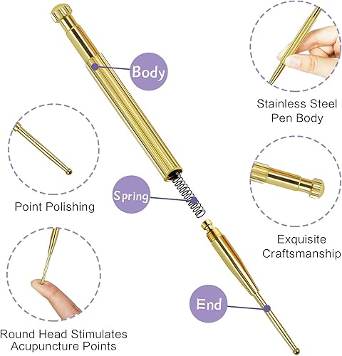 Miniatura 4 de BLMHTWO 2 bolígrafos de acupresión, doble cabezal de reflexología de acupuntura, para masaje de tejido profundo, acero inoxidable, retráctil, punta