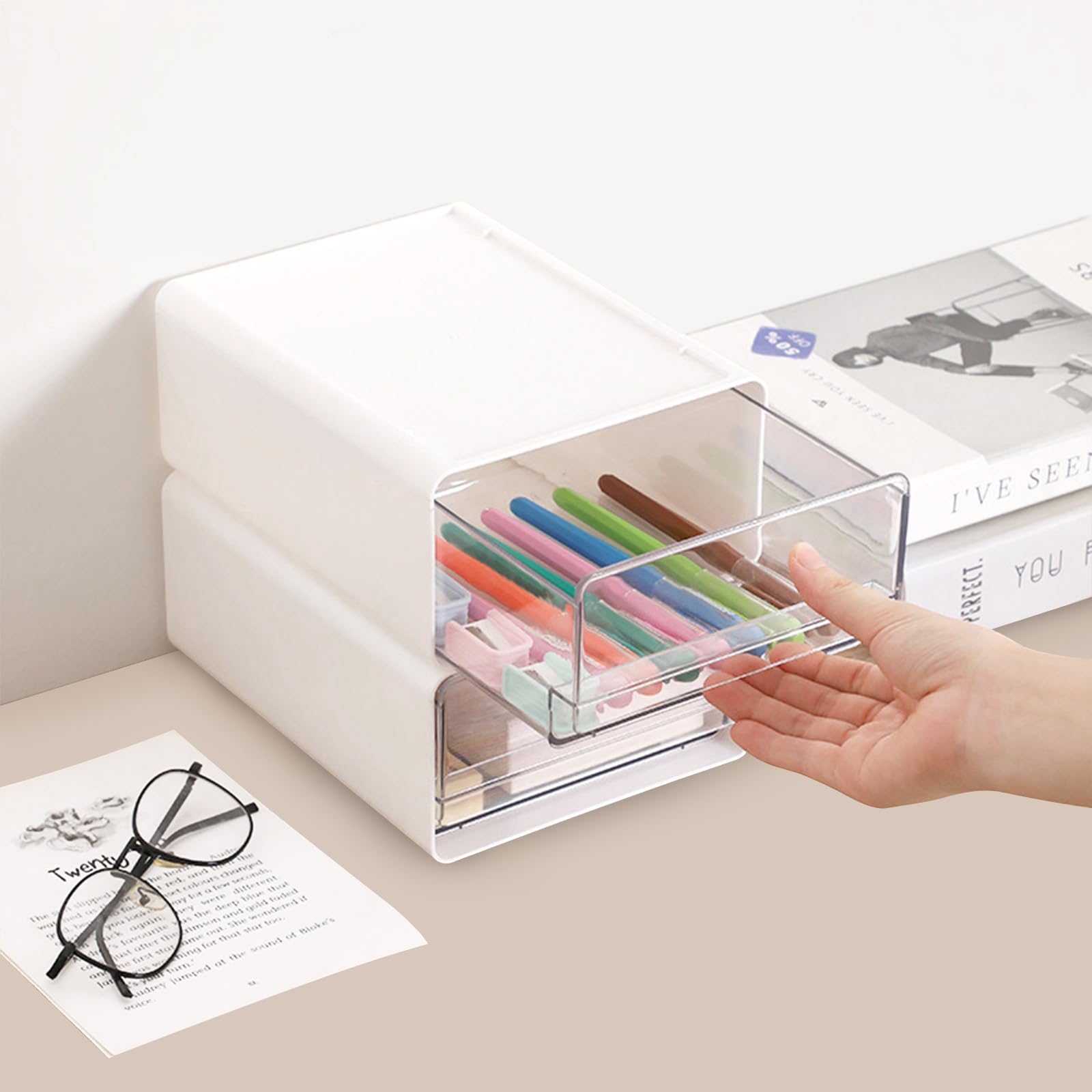 4 cassettiera in plastica impilabile con 3 cassetti e etichette, traslucida cassettiera in plastica da scrivania, organizer per trucchi, grande capacità
