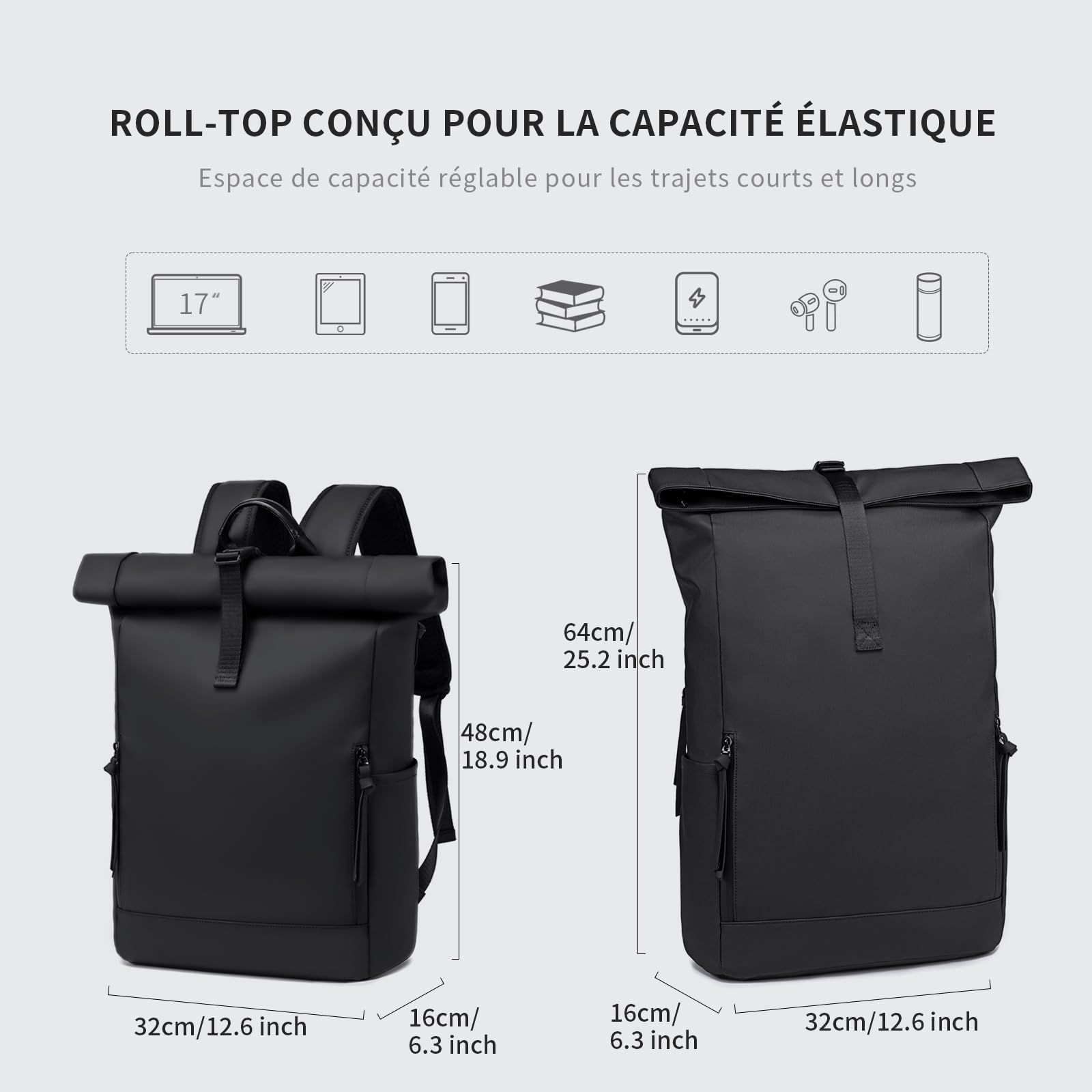 Sac à Dos Roll top Femme Ordinateur Noir Grand Sac a Dos Homme et Femme Travail Extensible Sac a Dos PC Ordinateur Portable Bagage à main 17.3 Pouces pour Randonnée Voyage Cyclisme Universit